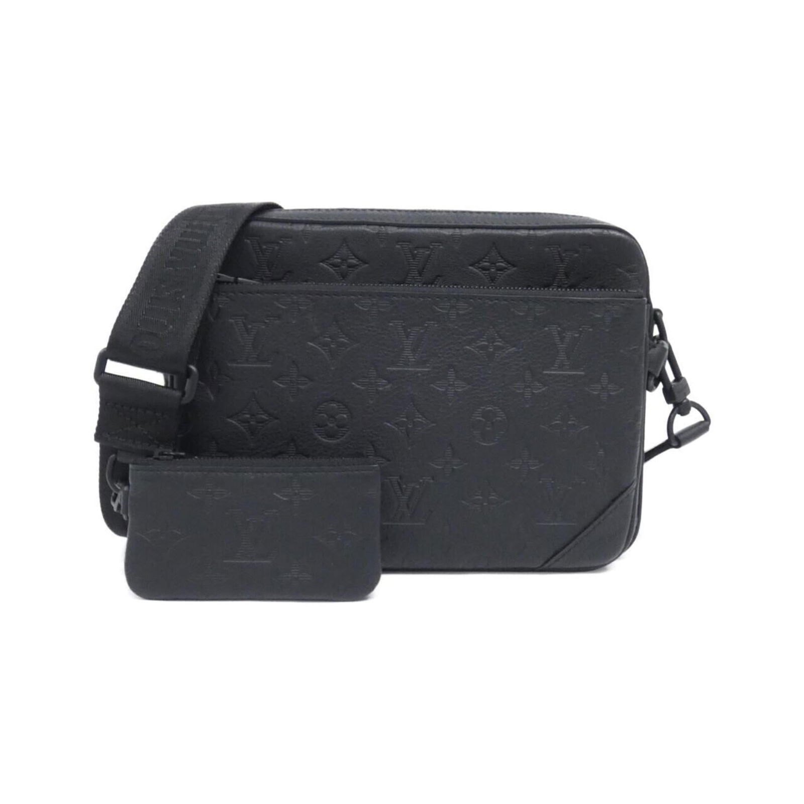 Louis Vuitton Leather Shoulder Bag: Louis Vuitton Leather Shoulder Bag A sleek and sophisticated black Louis Vuitton leather shoulder bag, crafted from high-quality calfskin, boasts a timeless design that exudes luxury and elegance. Wit