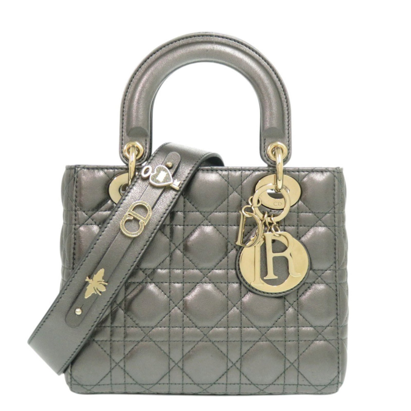 Christian Dior Leather Handbag: Christian Dior Leather Handbag A stunning Metallic Gray Christian Dior leather handbag, crafted from luxurious lambskin, boasts a sleek and sophisticated design that exudes timeless elegance. With its