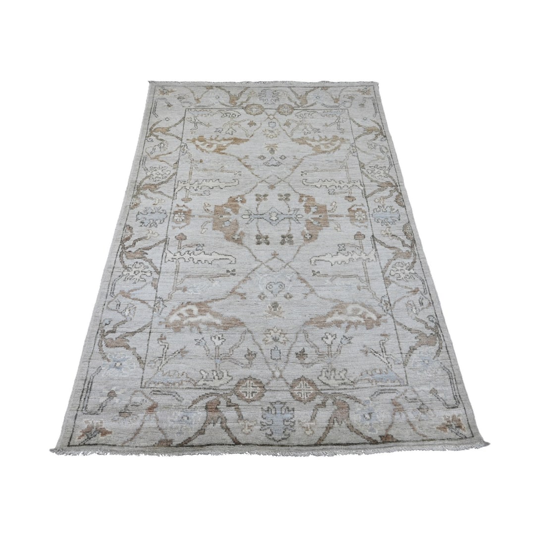 Rug 4'x5'10" Gray Hand Knotted Afghan Angora Oushak Leaf Design 100% Wool: Rug 4'x5'10" Gray Hand Knotted Afghan Angora Oushak Leaf Design 100% Wool Experience the rich history and craftsmanship of Afghanistan with this stunning 100% wool, hand-knotted Oushak rug in a beauti