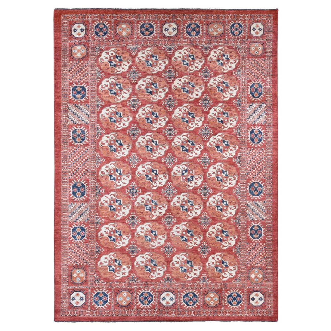 Rug 9'10"x14' Red Afghan Ersari Tekke Bokhara Pure Wool Hand Knotted: Rug 9'10"x14' Red Afghan Ersari Tekke Bokhara Pure Wool Hand Knotted Experience the rich beauty of traditional Afghan craftsmanship in this stunning 9'10"x14' Red Ersari Tekke Bokhara Pure Wool Hand K