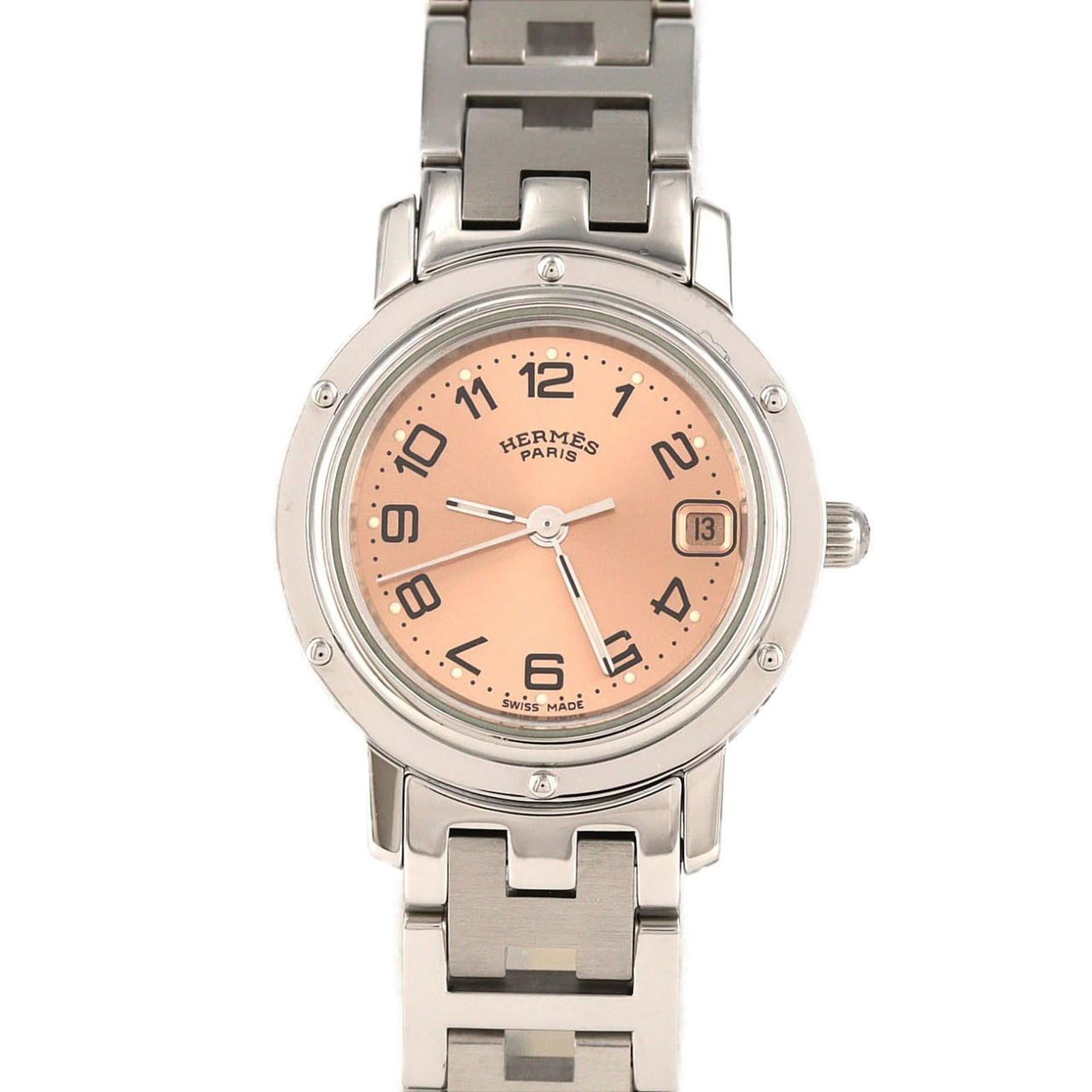 Wristwatch Hermes: Wristwatch Hermes A stunning pre-owned Hermes wristwatch, boasting sleek stainless steel case and band, adorned with a beautiful pink dial that adds a touch of elegance to any outfit. With its 24mm di