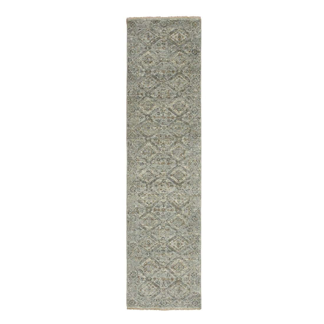 Rug 2'5"x10' Gray Broken Garden Design Runner Hand Knotted Pure Wool: Rug 2'5"x10' Gray Broken Garden Design Runner Hand Knotted Pure Wool Experience the rich heritage of Indian craftsmanship with this stunning, hand-knotted Oushak-style rug, expertly woven from pure wo