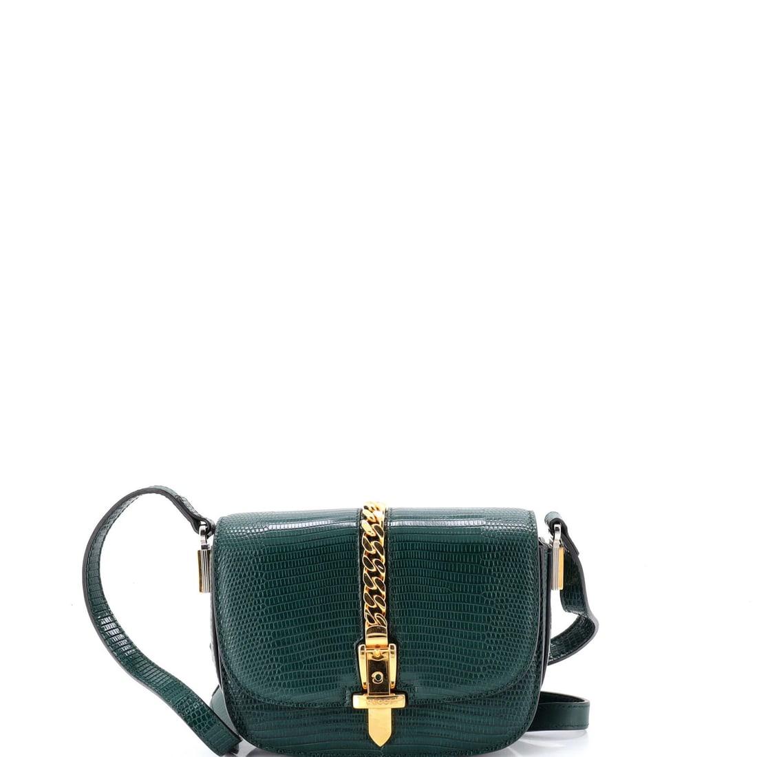 Gucci Sylvie 1969 Small Lizard Shoulder Bag: Gucci Sylvie 1969 Small Lizard Shoulder Bag The Gucci Sylvie 1969 Small Lizard Shoulder Bag is a timeless piece of luxury, boasting the iconic lizard skin exterior in rich green hues that exude sophis