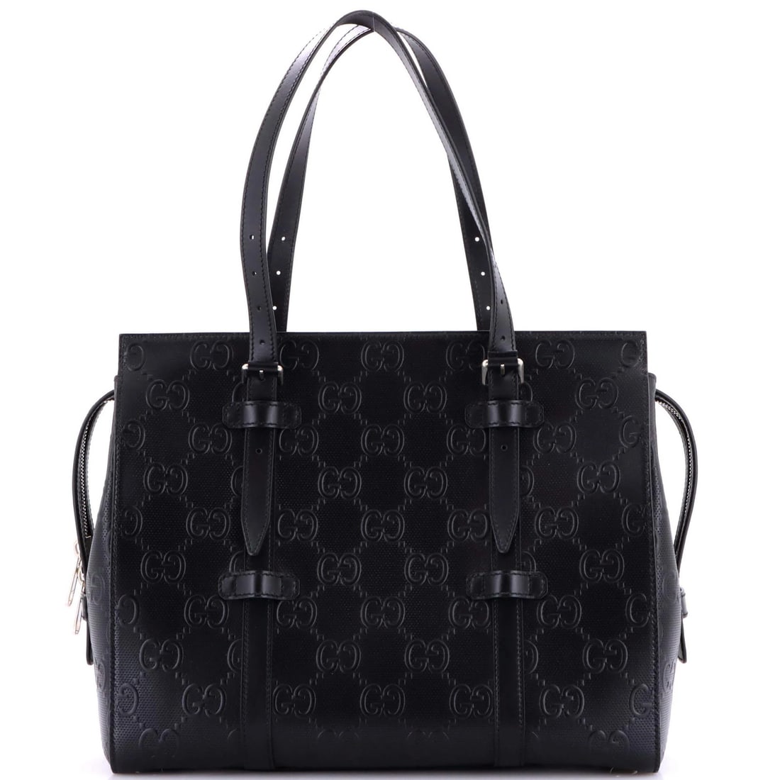Gucci GG Embossed Perforated Leather Tote Bag: Gucci GG Embossed Perforated Leather Tote Bag Experience the epitome of luxury with this stunning Gucci GG Embossed Perforated Leather Tote Bag, boasting sleek black exterior and neutral interior, ado