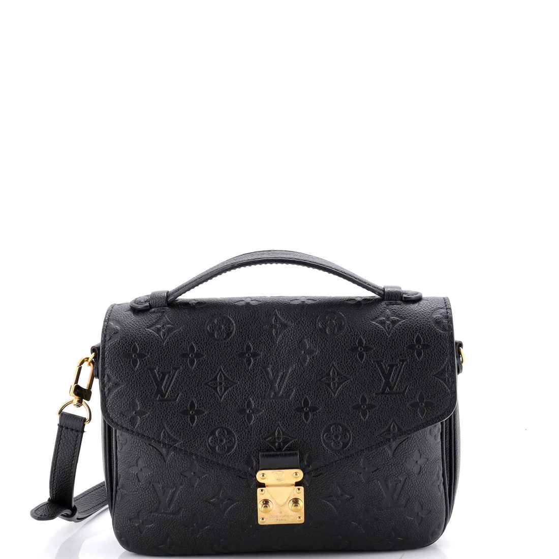 Leather Louis Vuitton Pochette Metis Monogram Empreinte: Leather Louis Vuitton Pochette Metis Monogram Empreinte A rare and stylish find, this Louis Vuitton Pochette Metis Monogram Empreinte is a masterclass in understated elegance. With its iconic black le