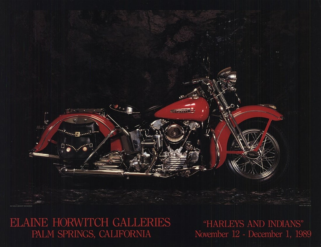 Mo JEFF DORGAY 1947 Harley Davidson 23" x 30" Poster 1989 Photography Red Black: Mo JEFF DORGAY 1947 Harley Davidson 23" x 30" Poster 1989 Photography Red Black A rare and iconic poster from 1989, Mo Jeff Dorgay's '1947 Harley Davidson' is a stunning offset lithograph that capture
