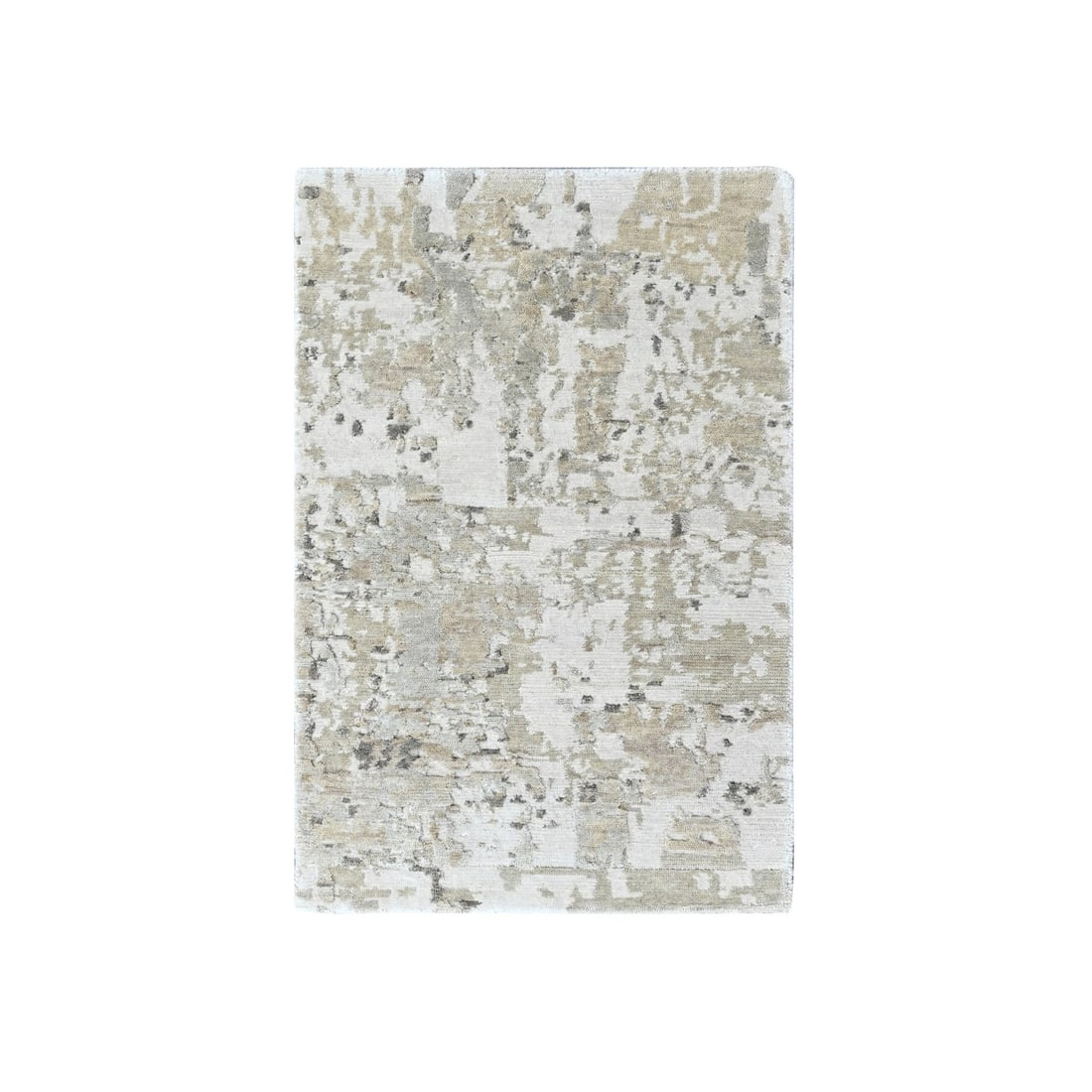 Rug 2'x2'10" Green Wool and Silk Abstract Design 100 KPSI Hand Knotted Mat: Rug 2'x2'10" Green Wool and Silk Abstract Design 100 KPSI Hand Knotted Mat Experience the rich textures and vibrant colors of India with this stunning 2'x2'10" hand-knotted wool and silk abstract desi