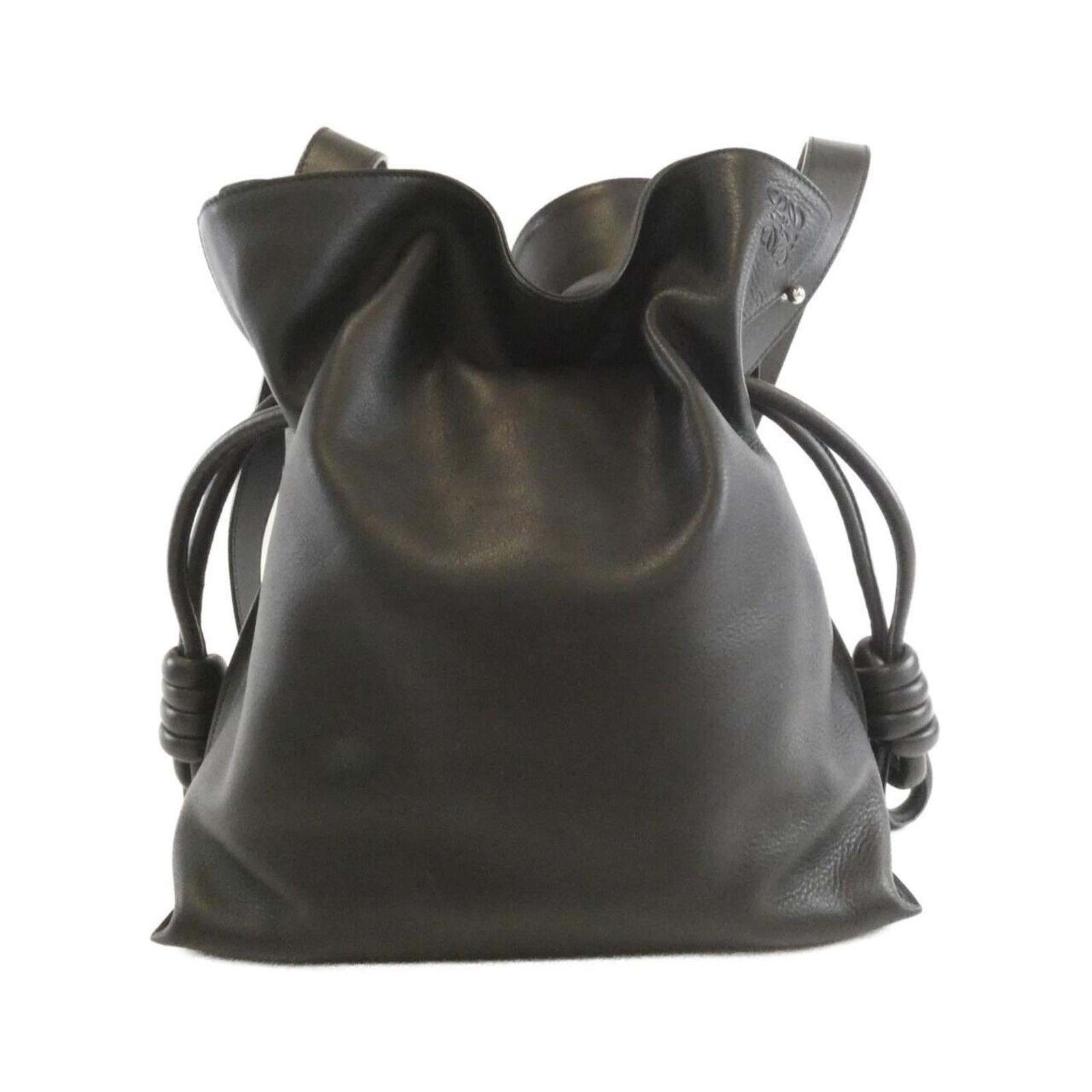 Loewe Leather Shoulder Bag: Loewe Leather Shoulder Bag Elevate your style with the timeless Loewe Leather Shoulder Bag, crafted from rich calfskin leather in sleek black. The bag's sophisticated design and silver hardware add a