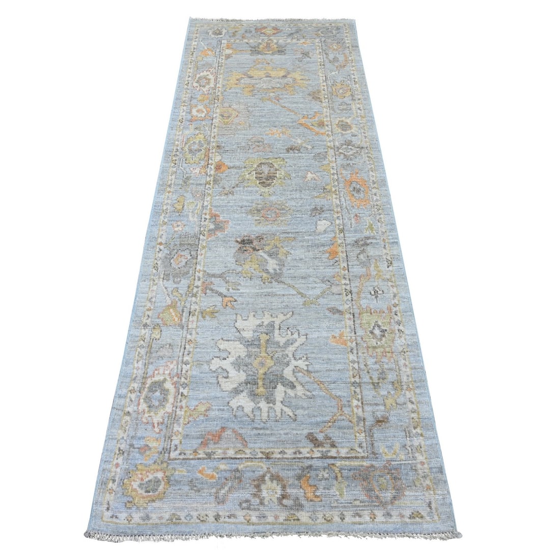 Stone Blue Angora Oushak Leaf Design Hand-Knotted Wool Runner (2'9"x7'10"): Stone Blue Angora Oushak Leaf Design Hand-Knotted Wool Runner (2'9"x7'10") Experience the rich beauty of Afghan craftsmanship with this stunning Stone Blue Angora Oushak Leaf Design Hand-Knotted Wool