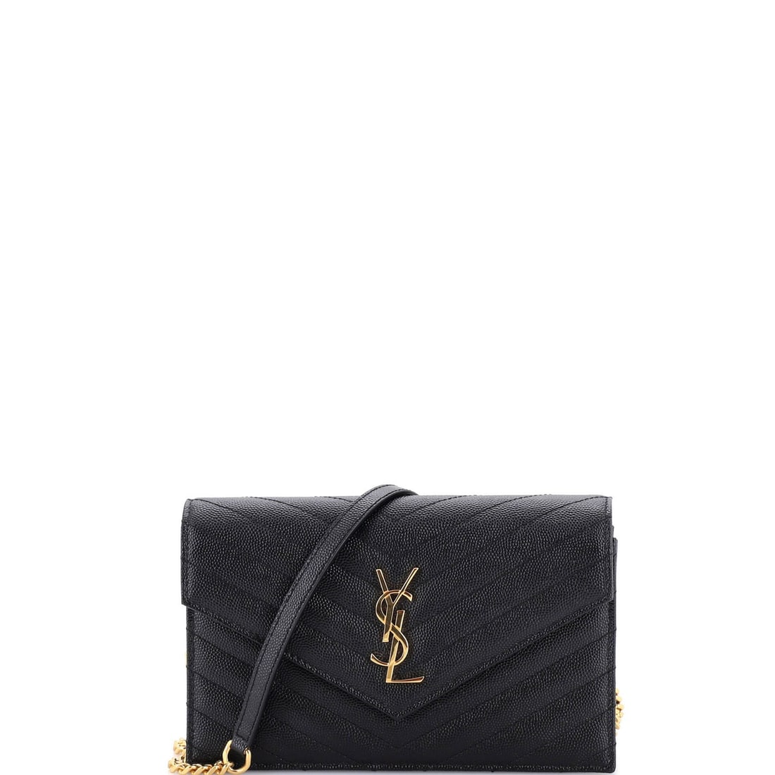 Saint Laurent Classic Monogram Wallet with Matelasse Chevron Leather and Chain: Saint Laurent Classic Monogram Wallet with Matelasse Chevron Leather and Chain Elevate your everyday style with the iconic Saint Laurent Classic Monogram Wallet, boasting sleek black matelasse chevron