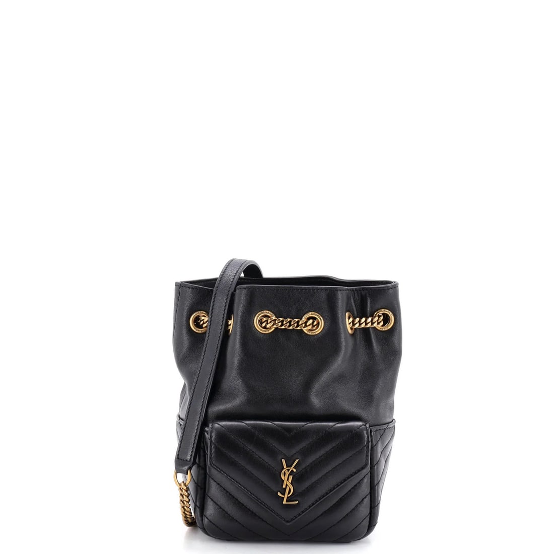 Saint Laurent Mini Matelasse Chevron Leather Joe Bucket Bag: Saint Laurent Mini Matelasse Chevron Leather Joe Bucket Bag The Saint Laurent Mini Matelasse Chevron Leather Joe Bucket Bag is a chic and timeless accessory that exudes luxury. With its sleek black