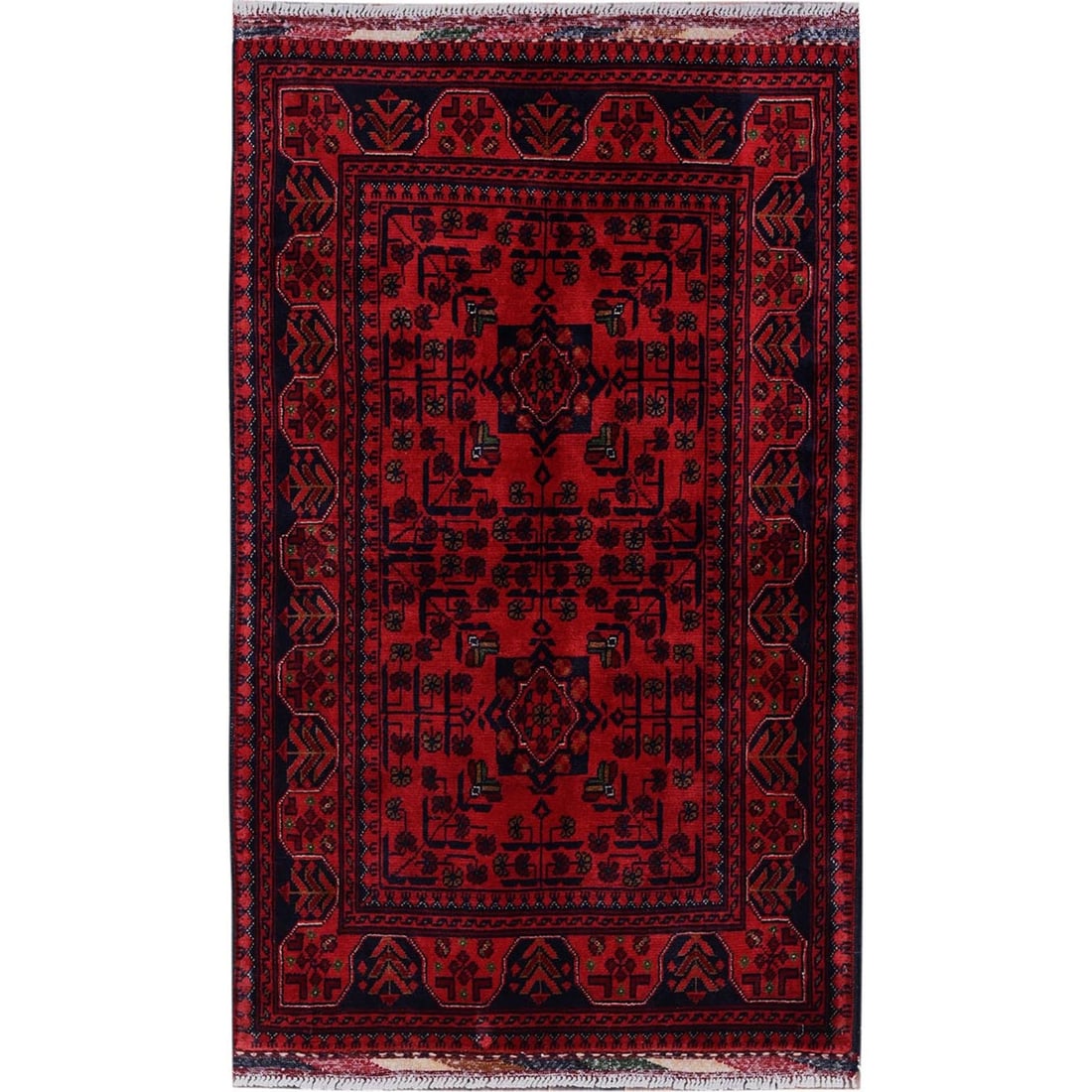 Red Afghan Khamyab Tribal Design All Wool Hand-Knotted Sample Rug (2'7"x4'2"): Red Afghan Khamyab Tribal Design All Wool Hand-Knotted Sample Rug (2'7"x4'2") Experience the rich cultural heritage of Afghanistan with this stunning Red Afghan Khamyab Tribal Design All Wool Hand-Kno
