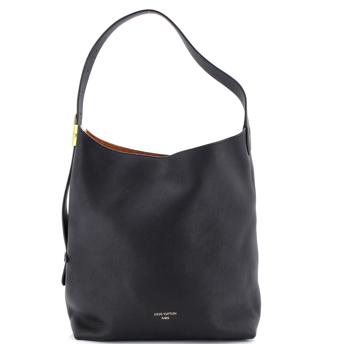 MM Louis Vuitton Low Key Hobo Calfskin: MM Louis Vuitton Low Key Hobo Calfskin A sleek and sophisticated Low Key Hobo from Louis Vuitton, this MM-sized bag boasts rich black leather exterior with subtle gold hardware, while its suede-lined