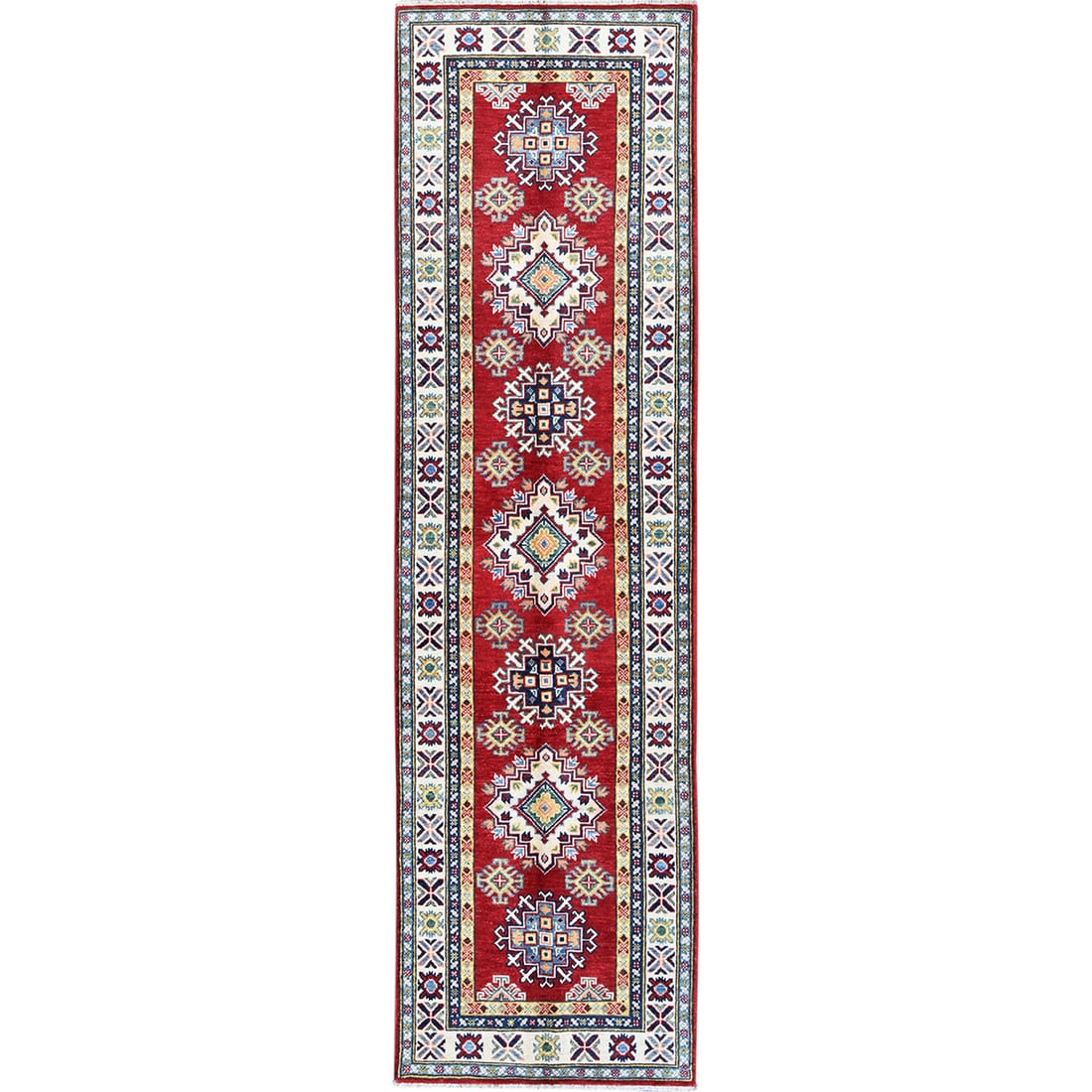 Red Kazak Runner Rug, 2'8"x9'6", Hand-Knotted Soft Wool with Geometric Design: Red Kazak Runner Rug, 2'8"x9'6", Hand-Knotted Soft Wool with Geometric Design Experience the vibrant beauty of traditional Afghan craftsmanship with this stunning Red Kazak Runner Rug, hand-knotted fr
