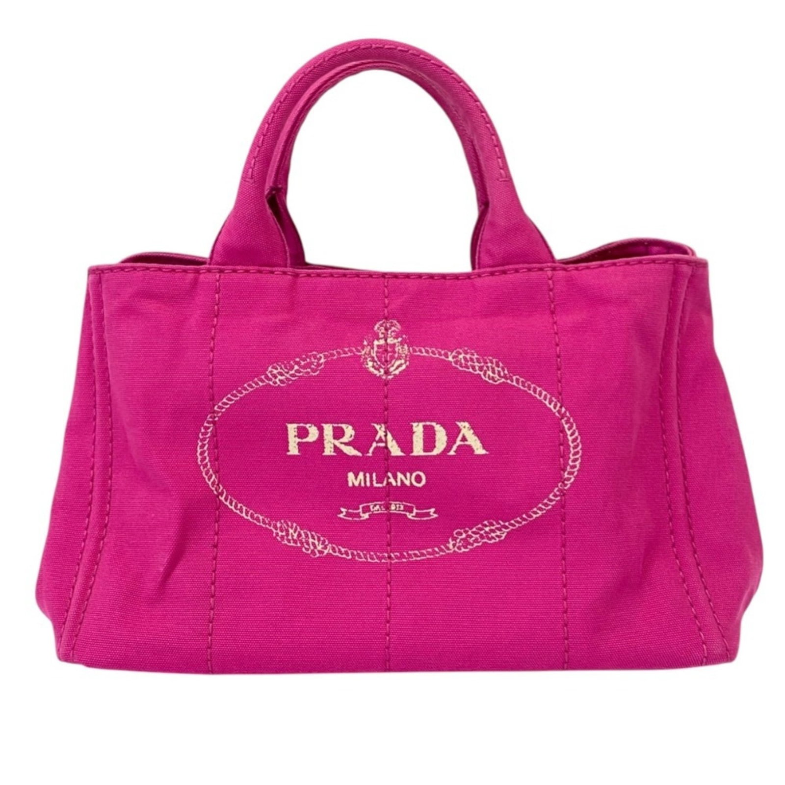 Prada Canapa Tote Bag: Prada Canapa Tote Bag A stylish and versatile Prada Canapa tote bag in soft pink hues, with its signature woven canapa material adding texture and depth to this chic accessory. In excellent condition,