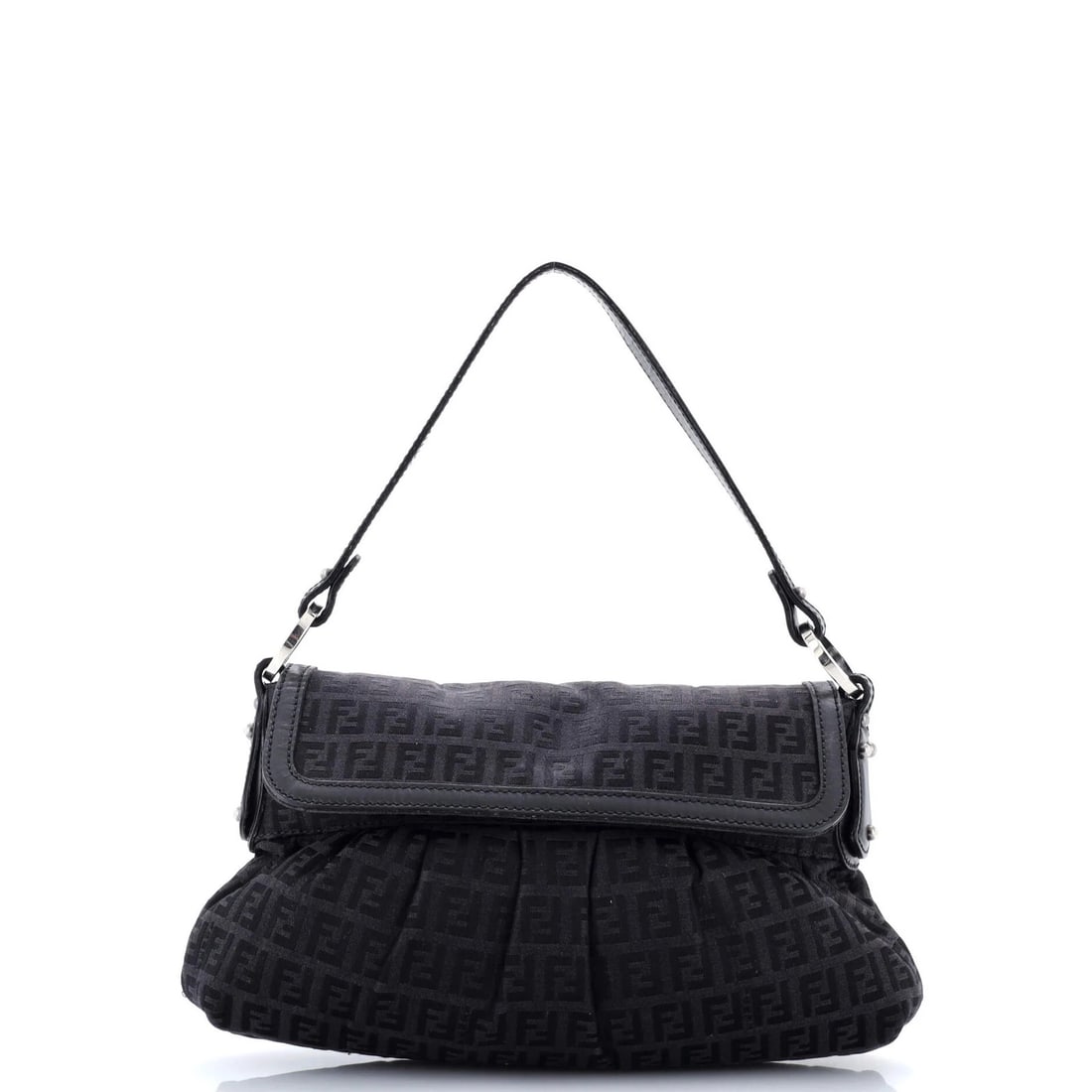 Fendi Small Canvas Zucca Flap Bag: Fendi Small Canvas Zucca Flap Bag The Fendi Small Canvas Zucca Flap Bag is a timeless and stylish shoulder bag, boasting a sleek black canvas exterior with silver hardware. With its classic chef flap