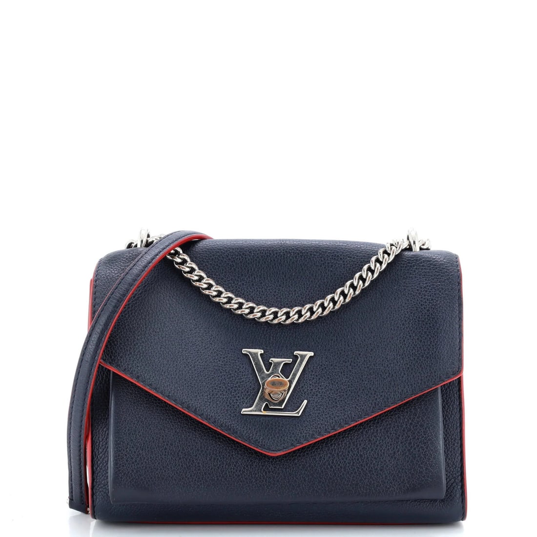 Louis Vuitton Mylockme Handbag in Leather BB: Louis Vuitton Mylockme Handbag in Leather BB Own the iconic style of Louis Vuitton with this stunning Mylockme handbag in Leather BB, boasting sleek blue and red hues that add a pop of sophistication