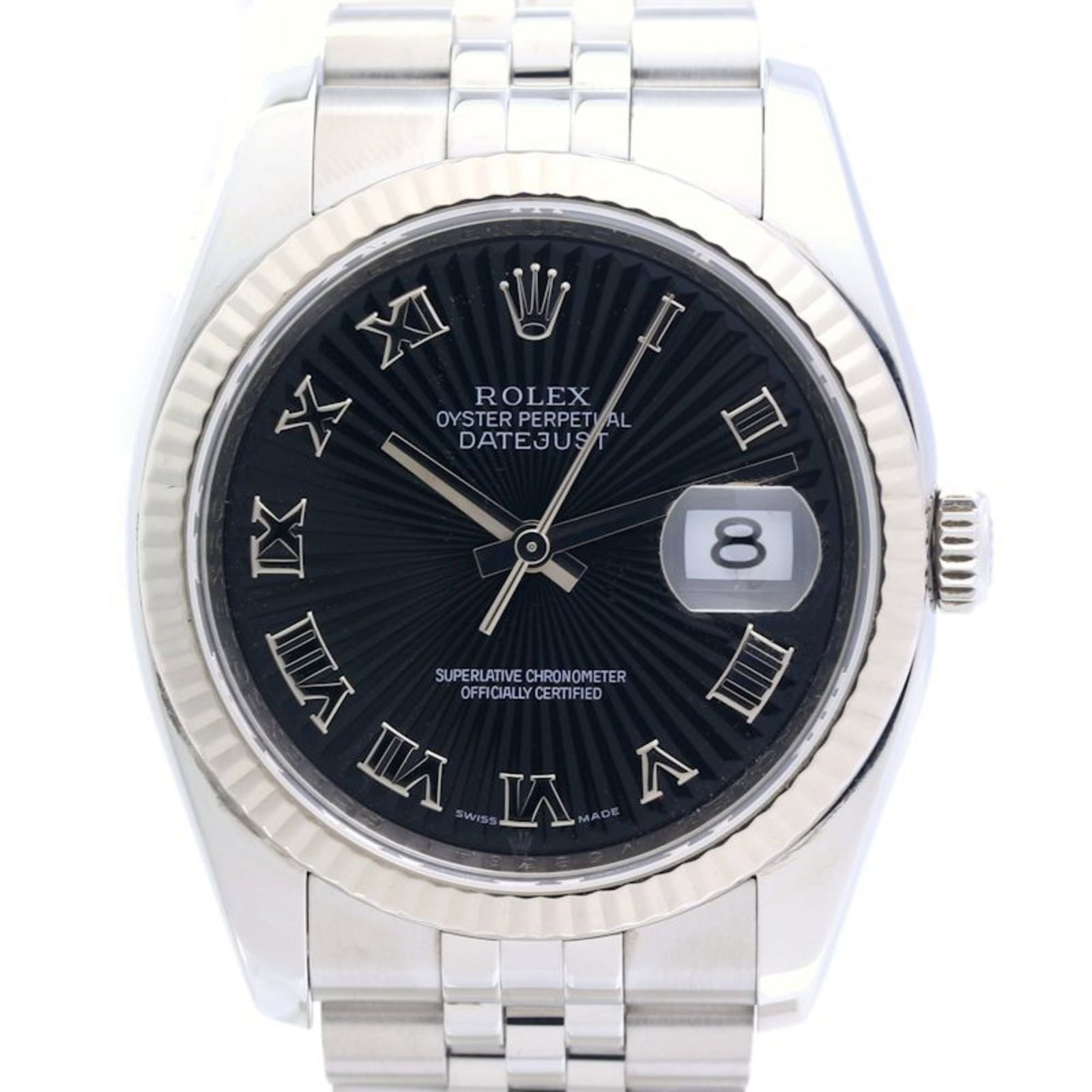 Wristwatch Rolex: Wristwatch Rolex A pre-owned Rolex wristwatch, boasting the iconic 37mm case diameter and sleek black dial, is up for grabs. With its stainless steel and white gold (18K) construction, this timepiece
