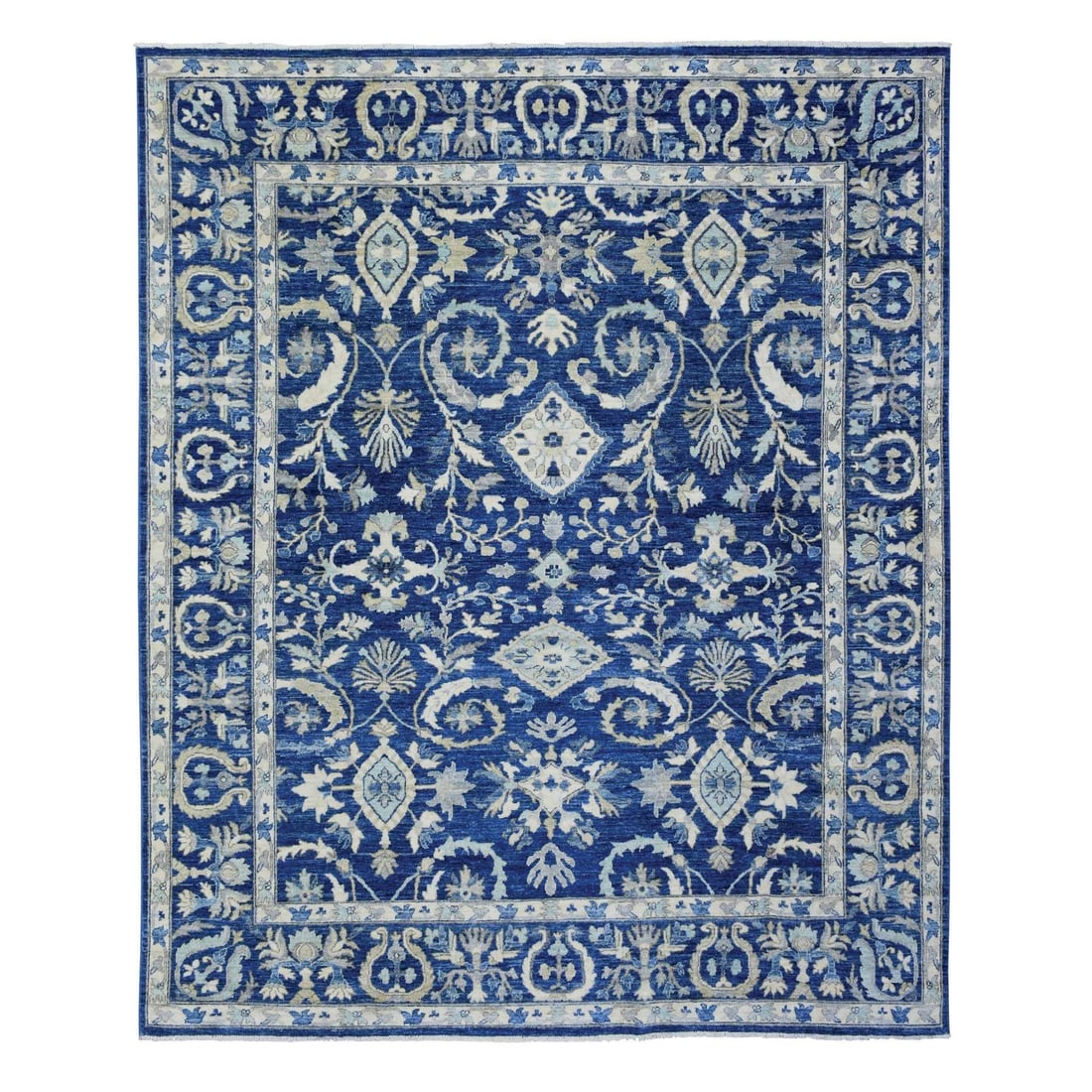 Rug 8'x10' Denim Blue Soft and Shiny Wool Hand Knotted Fine Peshawar: Rug 8'x10' Denim Blue Soft and Shiny Wool Hand Knotted Fine Peshawar Experience the rich heritage of Afghanistan with this stunning 8'x10' Denim Blue Soft and Shiny Wool Hand Knotted Fine Peshawar rug