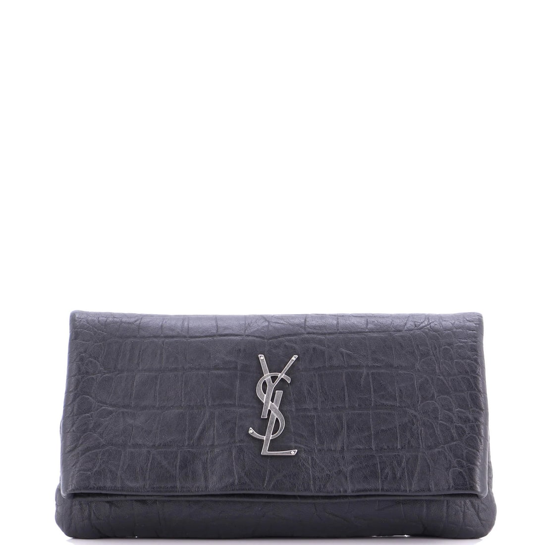 Saint Laurent West Hollywood Fold Over Clutch in Crocodile Embossed Leather: Saint Laurent West Hollywood Fold Over Clutch in Crocodile Embossed Leather Elevate your evening look with the iconic Saint Laurent West Hollywood Fold Over Clutch, crafted from luxurious crocodile em