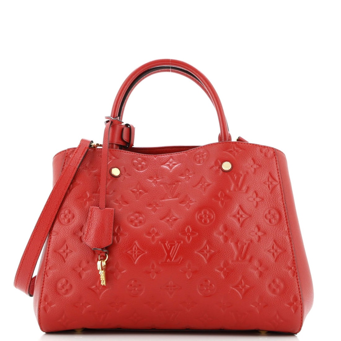 Louis Vuitton Montaigne MM Monogram Empreinte Leather Handbag: Louis Vuitton Montaigne MM Monogram Empreinte Leather Handbag Own the iconic style of Louis Vuitton's Montaigne MM Monogram Empreinte Leather Handbag, boasting a striking red exterior and signature mo