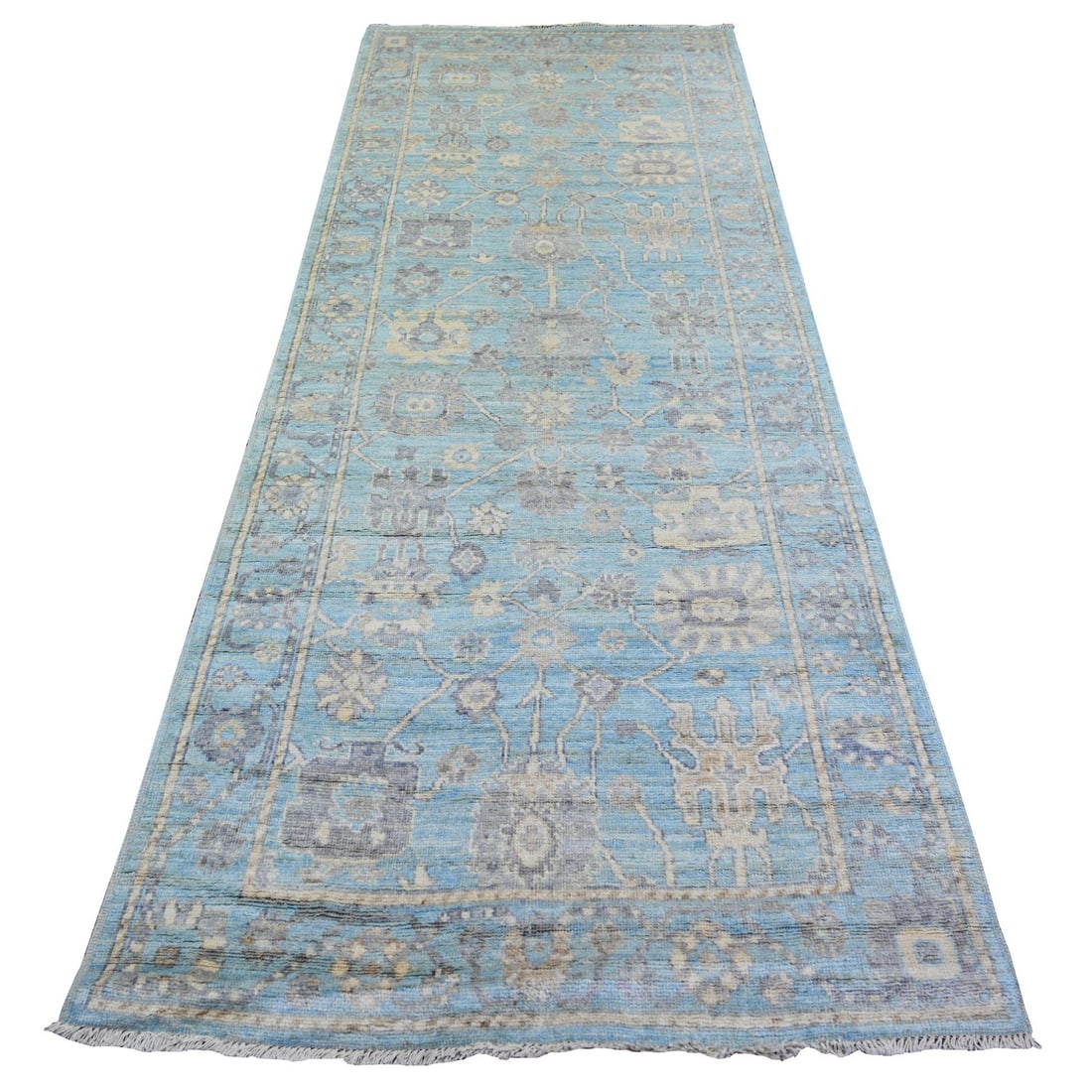 Rug 4'x10'1" Cerulean Blue Hand Knotted Afghan Angora Oushak Wool Runner: Rug 4'x10'1" Cerulean Blue Hand Knotted Afghan Angora Oushak Wool Runner Experience the rich beauty of traditional Afghan craftsmanship with this stunning 4'x10'1" hand-knotted Oushak wool runner, exp