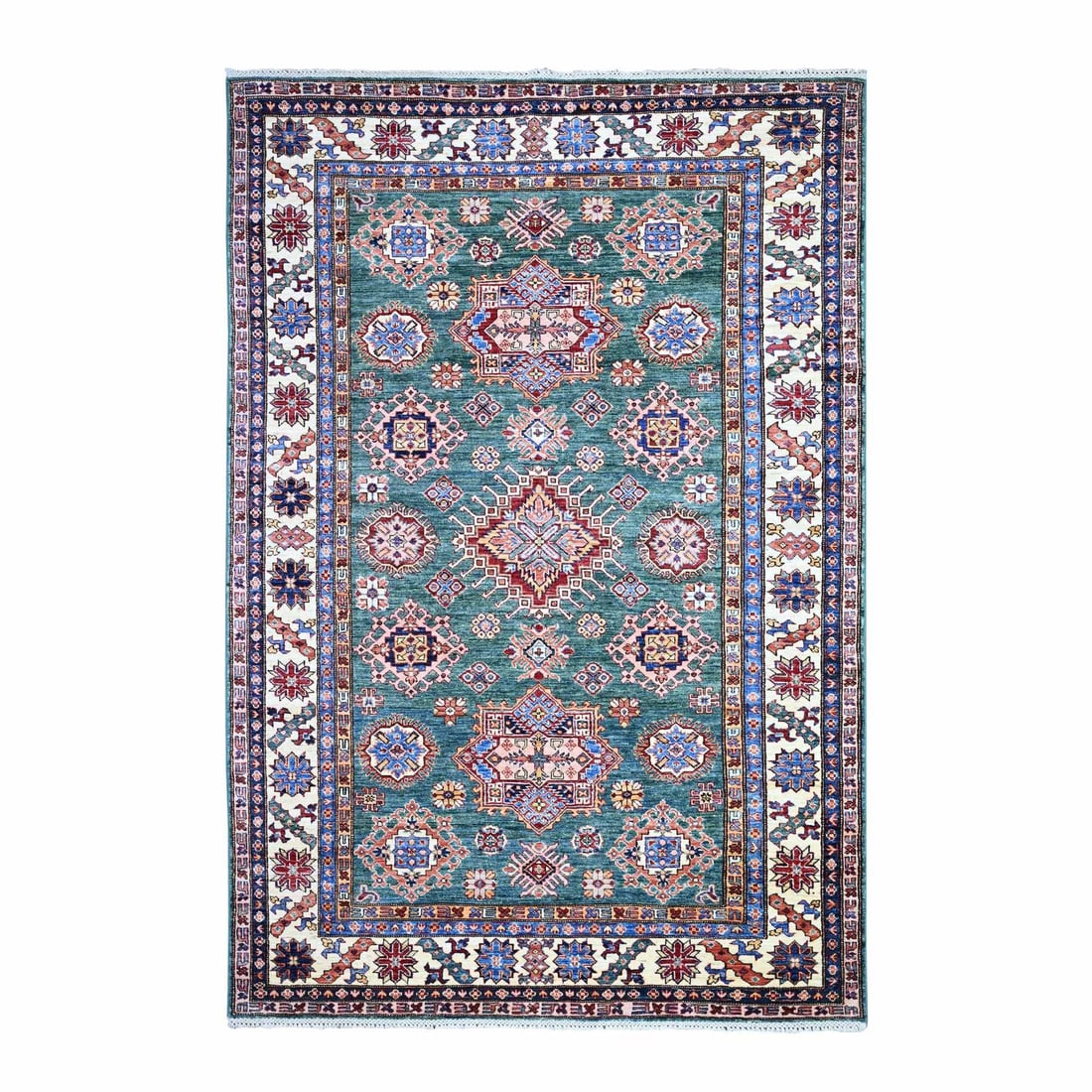 Rug 6'x8'9" Myrtle Green Wool Afghan Super Kazak Hand Knotted Oriental: Rug 6'x8'9" Myrtle Green Wool Afghan Super Kazak Hand Knotted Oriental Experience the rich beauty of traditional Afghan craftsmanship with this stunning 6'x8'9" Myrtle Green Wool Kazak hand-knotted ru