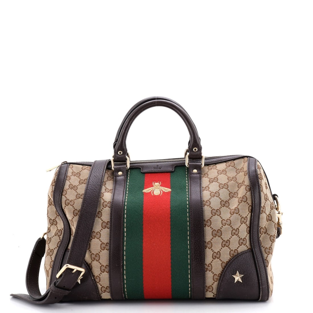 Gucci Vintage Bee Web Boston Bag in Medium GG Canvas: Gucci Vintage Bee Web Boston Bag in Medium GG Canvas The Gucci Vintage Bee Web Boston Bag in Medium GG Canvas is a rare and coveted find for any fashion enthusiast. With its classic brown canvas exter