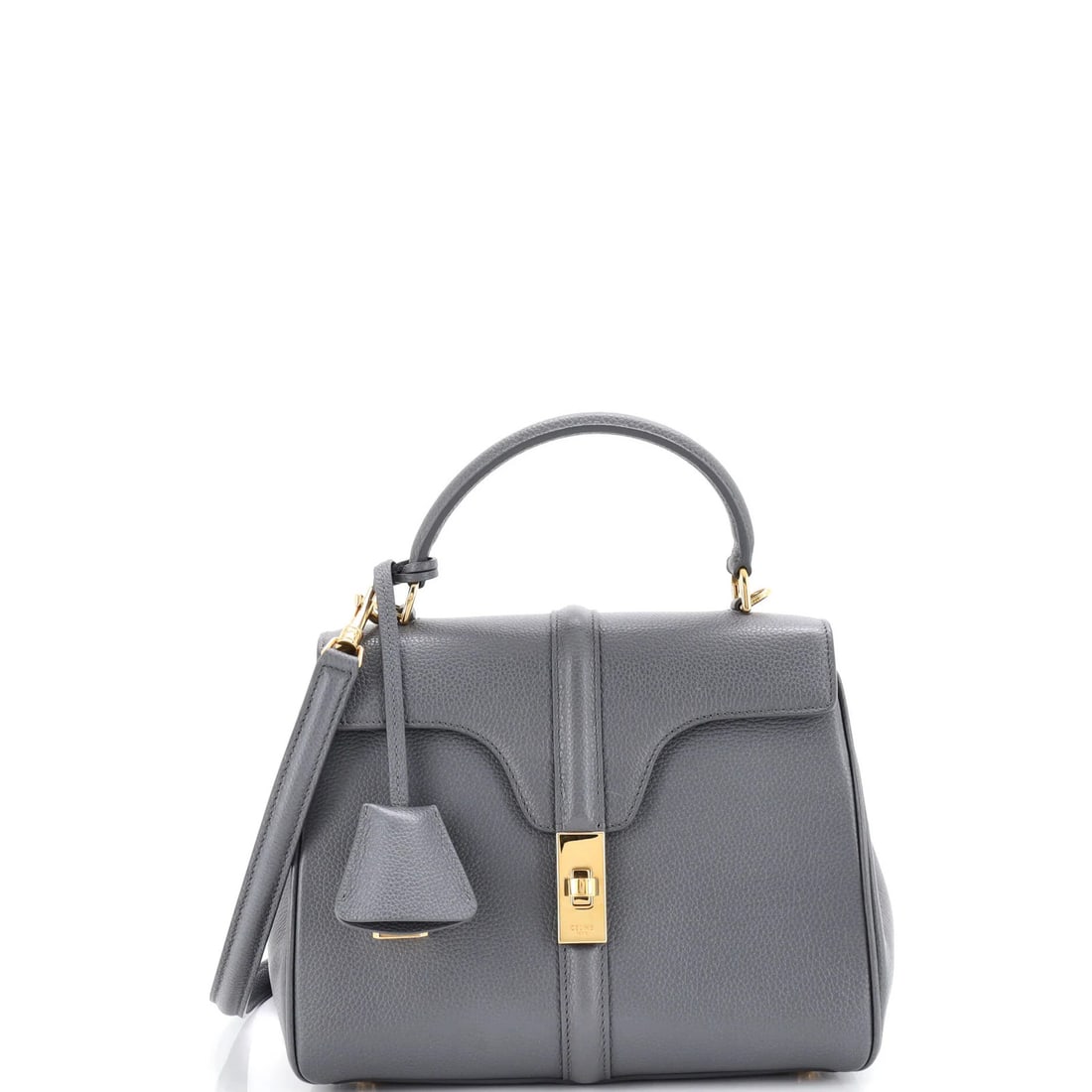 Small Celine 16 Top Handle Bag Grained Calfskin: Small Celine 16 Top Handle Bag Grained Calfskin Experience the timeless elegance of Celine's iconic 16 Top Handle Bag, crafted from supple grained calfskin leather in a sophisticated gray hue. With it