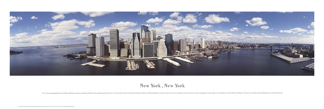 James Blakeway New York Panorama Poster, 13.5" x 40", 1994, Blue Manha: James Blakeway New York Panorama Poster, 13.5" x 40", 1994, Blue Manha Experience the iconic New York City skyline in stunning detail, captured by renowned artist James Blakeway in his 1994 offset lit