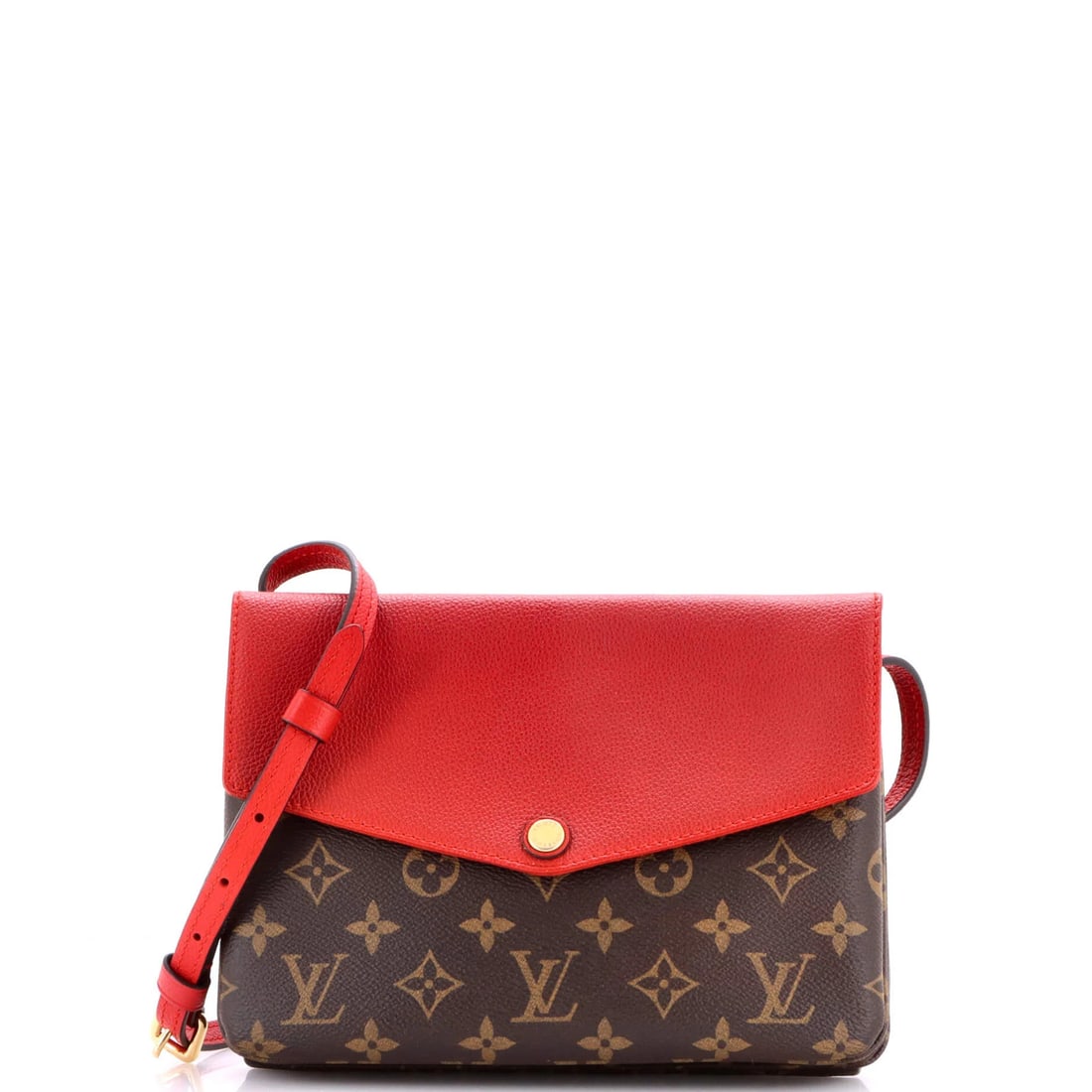 Louis Vuitton Monogram Canvas and Leather Twice Handbag: Louis Vuitton Monogram Canvas and Leather Twice Handbag A stunning Louis Vuitton Twice Handbag in bold red hues, boasting the iconic monogram canvas and supple leather exterior. With its sleek cross-b
