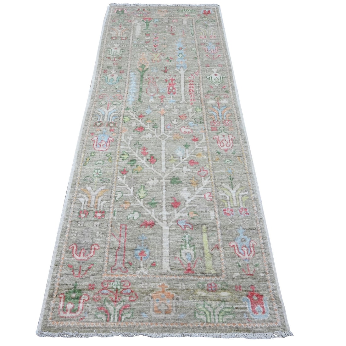Rug 3'x8'1" Camouflage Green Runner Angora Oushak Hand Knotted Oriental: Rug 3'x8'1" Camouflage Green Runner Angora Oushak Hand Knotted Oriental Experience the rich beauty of Afghan craftsmanship with this stunning 3'x8'1" Hand Knotted Oushak rug, expertly woven from soft