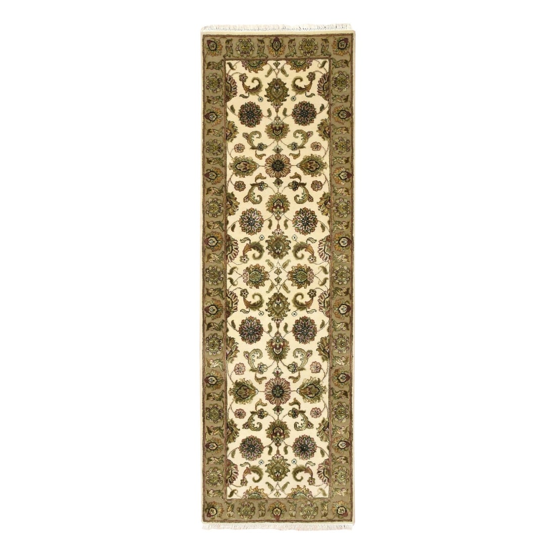 Rug 2'6"x8' White Rajasthan Leaf Design Hand Knotted Wool and Silk Runner: Rug 2'6"x8' White Rajasthan Leaf Design Hand Knotted Wool and Silk Runner Experience the rich cultural heritage of India with this exquisite hand-knotted wool and silk runner, featuring an elegant Raj
