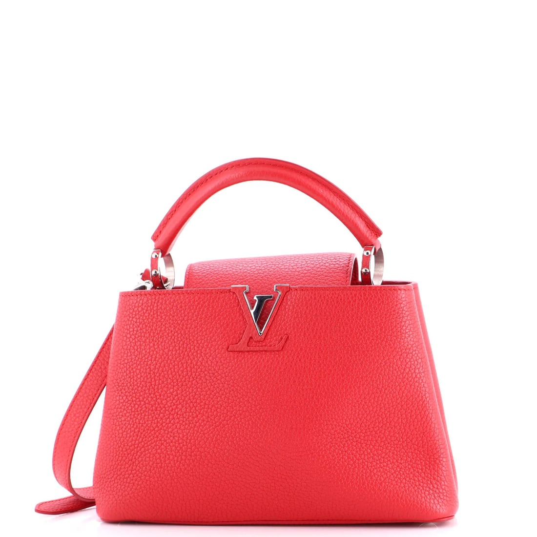 Louis Vuitton Capucines Bag - Leather BB: Louis Vuitton Capucines Bag - Leather BB Experience the timeless elegance of Louis Vuitton's iconic Capucines Bag, crafted from rich red leather that exudes sophistication and poise. With its classic