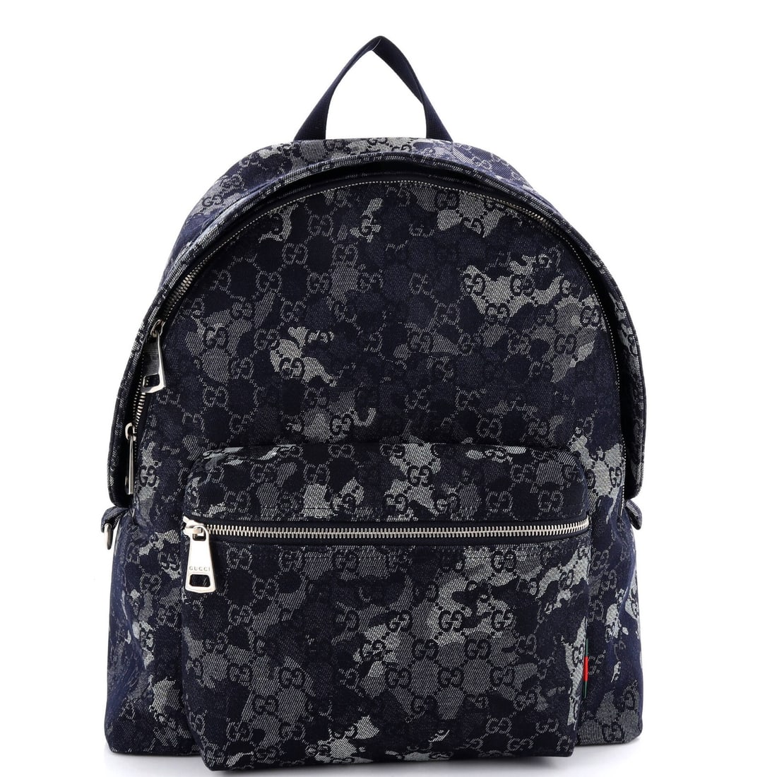 Gucci Camouflage GG Denim Zip Front Pocket Backpack: Gucci Camouflage GG Denim Zip Front Pocket Backpack Elevate your style with the Gucci Camouflage GG Denim Zip Front Pocket Backpack, a bold and versatile accessory that combines camouflage print with