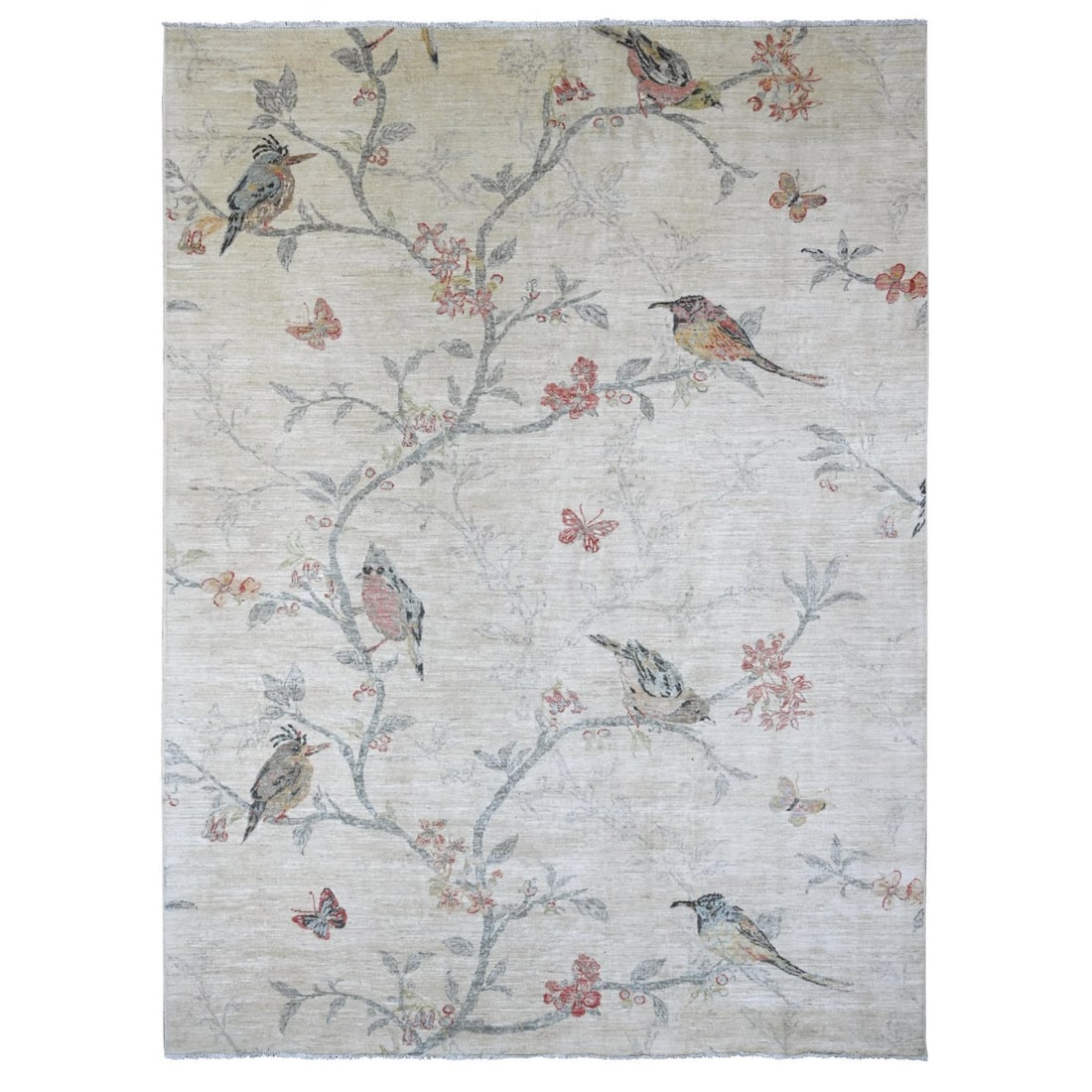 Peshawar Soft Wool Ivory Hand-Knotted Rug with Sparrows on a Tree, 8'9"x11'7: Peshawar Soft Wool Ivory Hand-Knotted Rug with Sparrows on a Tree, 8'9"x11'7 Experience the timeless beauty of Afghanistan's rich cultural heritage with this stunning Peshawar Soft Wool Ivory Hand-Kno