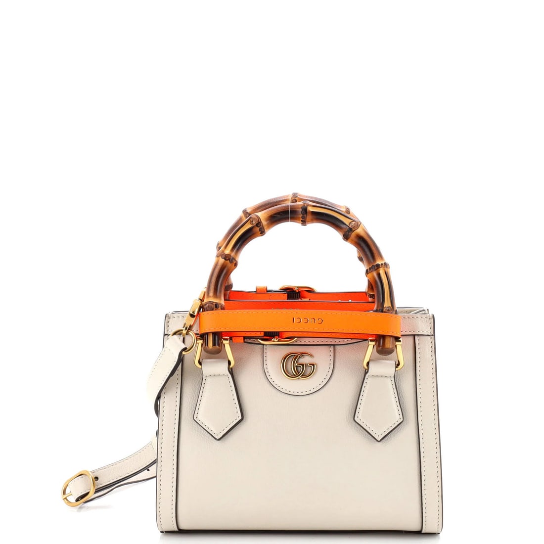 Gucci Diana Mini Tote with Bamboo Handle and Leather: Gucci Diana Mini Tote with Bamboo Handle and Leather Elevate your everyday style with the iconic Gucci Diana Mini Tote, boasting a chic white leather exterior and sleek bamboo handle. This compact cro