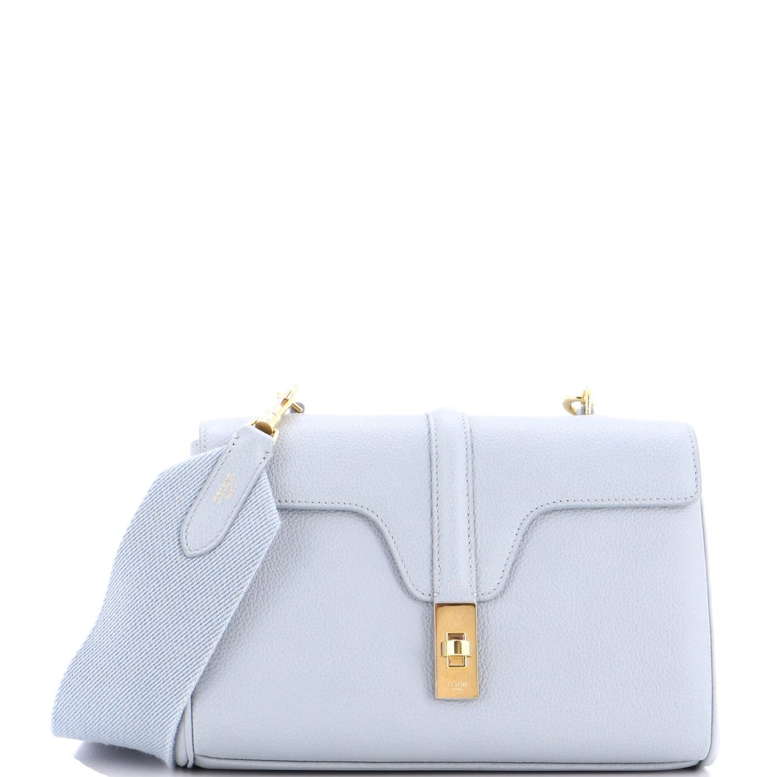 Celine Soft 16 Bag in Grainy Calfskin: Celine Soft 16 Bag in Grainy Calfskin The Celine Soft 16 Bag is a timeless classic, boasting a chic grainy calfskin exterior in a beautiful blue hue that adds a touch of sophistication to any outfit.