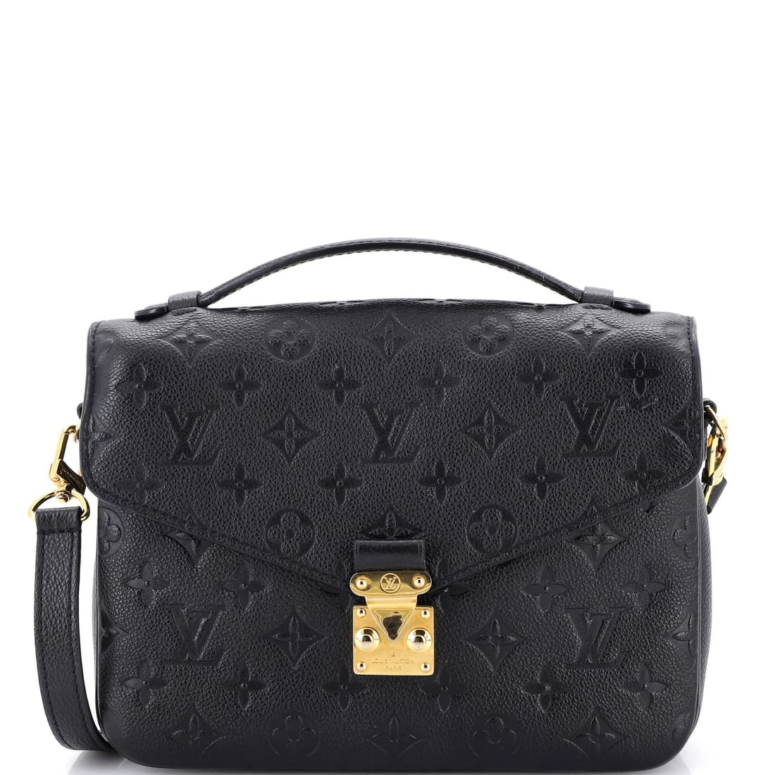 Leather Louis Vuitton Pochette Metis Monogram Empreinte: Leather Louis Vuitton Pochette Metis Monogram Empreinte A rare and stylish find, this Louis Vuitton Pochette Metis Monogram Empreinte is a timeless accessory for the modern woman. With its sleek black