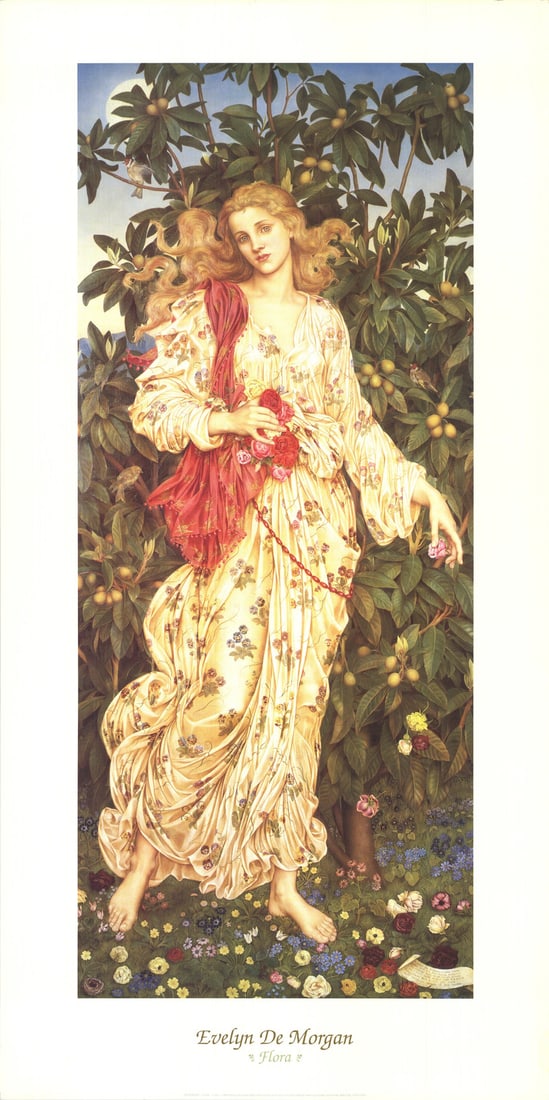 Romanticism EVELYN DE MORGAN Flora 39.5" x 19.75" Offset Lithograph 1994: Romanticism EVELYN DE MORGAN Flora 39.5" x 19.75" Offset Lithograph 1994 Evelyn De Morgan's 1994 offset lithograph, Flora, is a stunning representation of the artist's unique style. Measuring 39.5" x