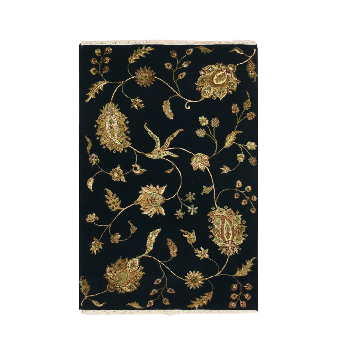 Rug 4'1"x6'1" Black Wool and Silk Botanical Design Hand Knotted Oriental: Rug 4'1"x6'1" Black Wool and Silk Botanical Design Hand Knotted Oriental Experience the rich heritage of Indian craftsmanship with this stunning 2000-year-old hand-knotted Oriental rug, boasting an in