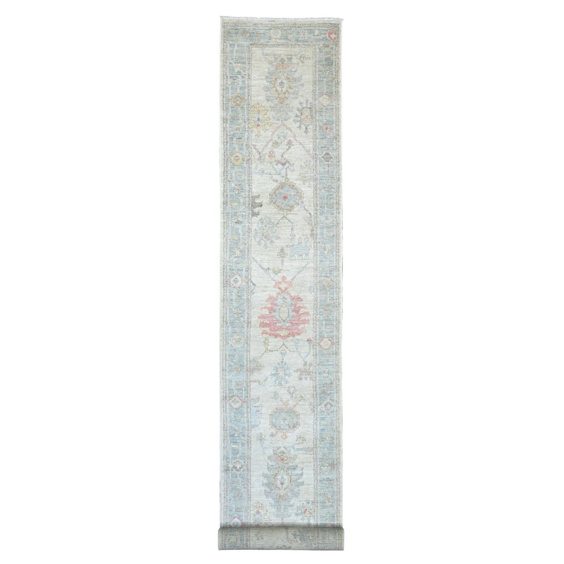 Runner 2'8"x19'2" Oyster White Hand Knotted Angora Oushak Leaf Design Wool: Runner 2'8"x19'2" Oyster White Hand Knotted Angora Oushak Leaf Design Wool Experience the timeless elegance of Afghan craftsmanship in this stunning 2000-year-old Oushak-style wool runner, hand-knotte