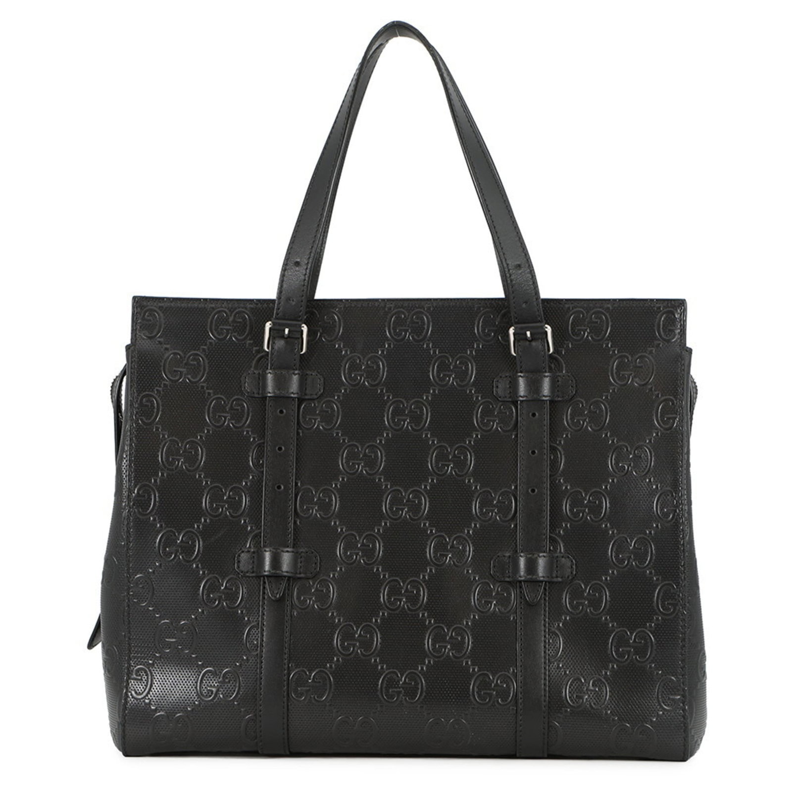 Gucci Leather Tote Bag: Gucci Leather Tote Bag Elevate your style with this stunning Gucci leather tote bag, boasting sleek silver hardware and a timeless black color that exudes sophistication. With multiple pockets for org