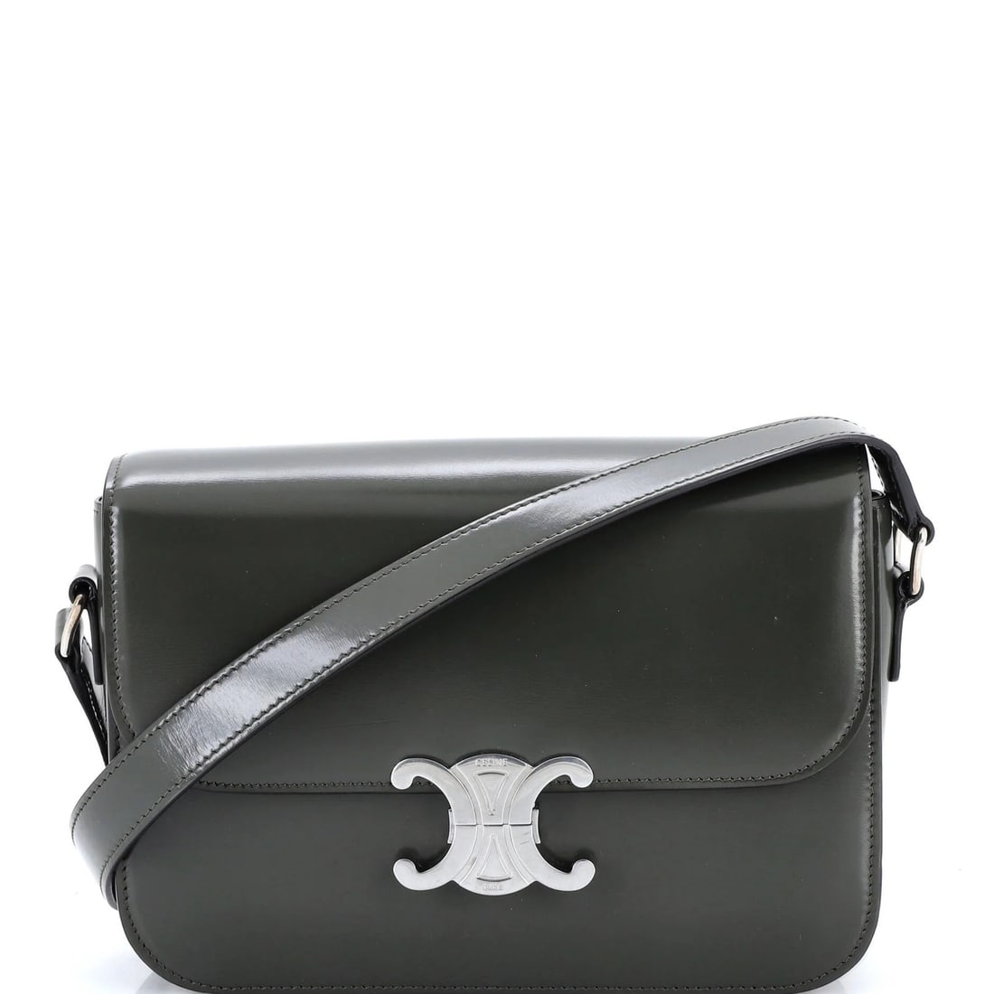 Celine Triomphe Shoulder Bag in Smooth Calfskin Medium: Celine Triomphe Shoulder Bag in Smooth Calfskin Medium Experience the timeless elegance of the Celine Triomphe Shoulder Bag, crafted from rich smooth calfskin leather in a vibrant green hue. With its