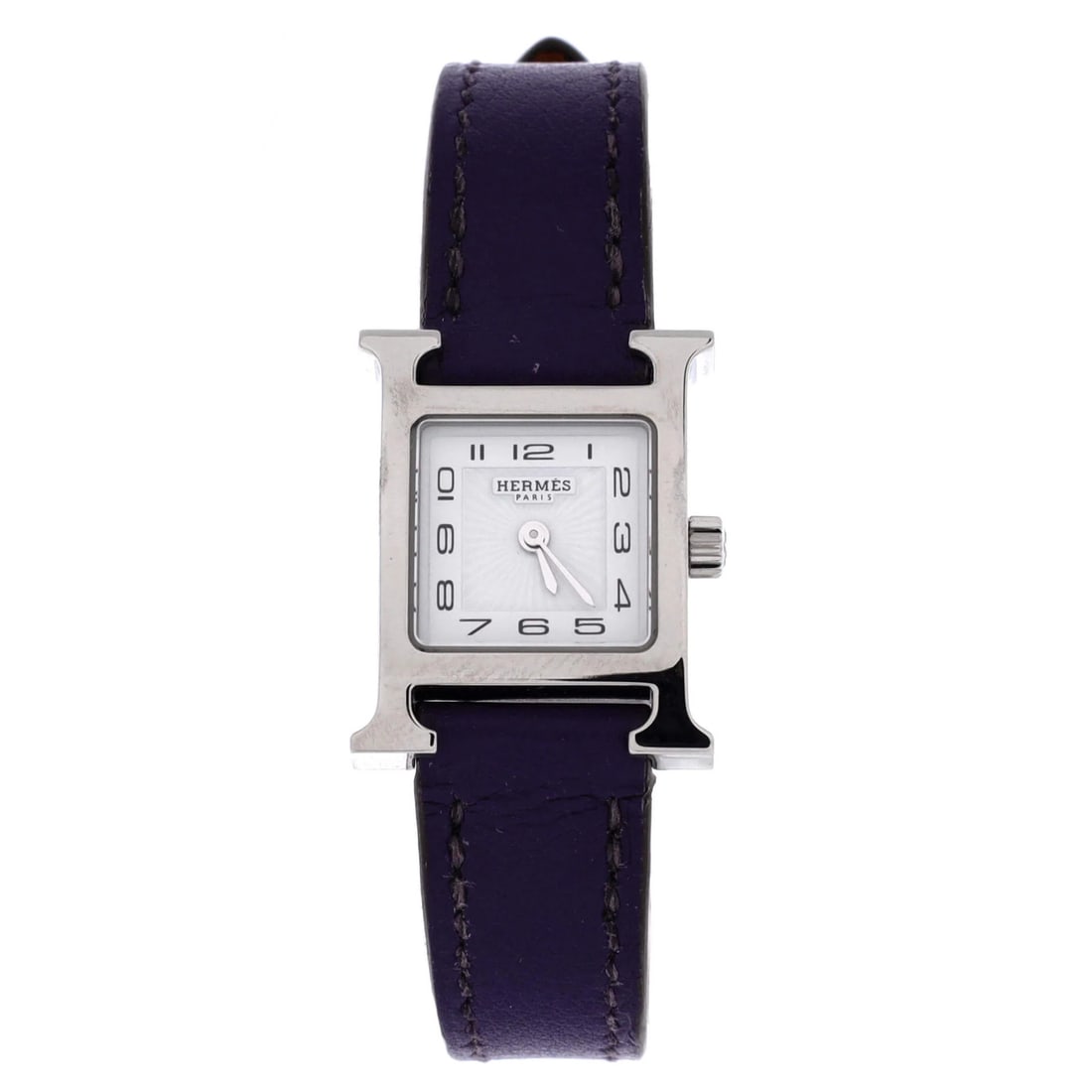 Hermes Heure H Quartz Watch - Stainless Steel & Leather: Hermes Heure H Quartz Watch - Stainless Steel & Leather Experience the timeless elegance of the Hermes Heure H Quartz Watch, boasting a sleek stainless steel case and supple leather band in rich purpl