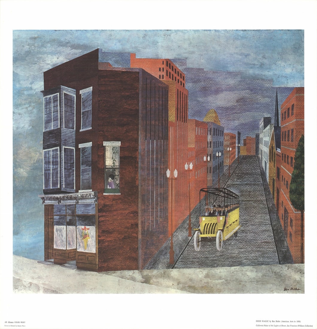 Blue BEN SHAHN Ohio Magic 19.25" x 25" Offset Lithograph 1970 Modernism Brown: Blue BEN SHAHN Ohio Magic 19.25" x 25" Offset Lithograph 1970 Modernism Brown Experience the modernist masterpieces of Ben Shahn, captured in his iconic 1970 lithograph "Ohio Magic". This stunning 19.