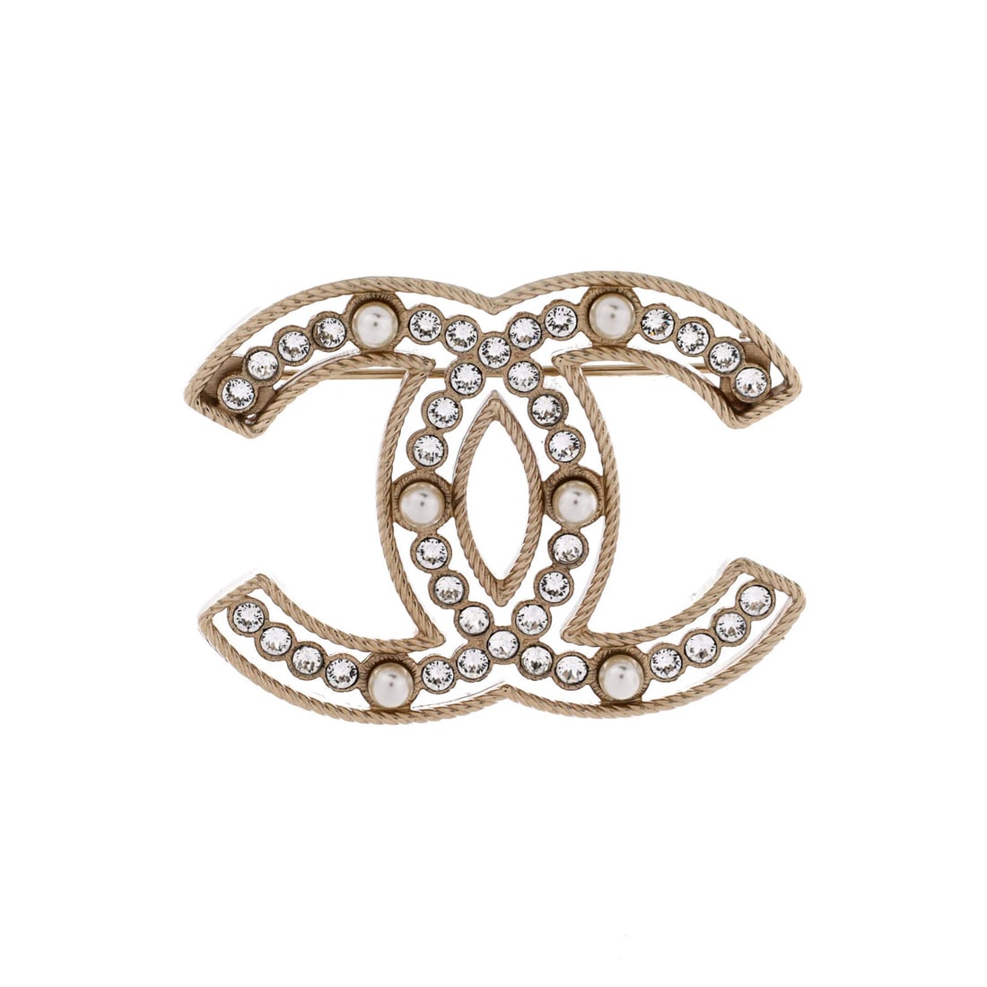 Pearls Chanel CC Brooch Metal with Crystals and Faux: Pearls Chanel CC Brooch Metal with Crystals and Faux A stunning Chanel CC Brooch, adorned with gold metal and crystal accents, adds a touch of luxury to any outfit. The brooch showcases faux pearls in