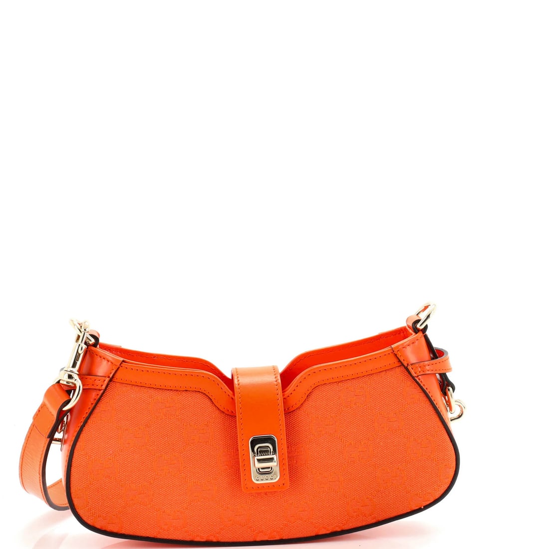 Gucci Mini Moon Side Shoulder Bag in GG Canvas: Gucci Mini Moon Side Shoulder Bag in GG Canvas Elevate your everyday style with the vibrant Gucci Mini Moon Side Shoulder Bag in GG Canvas, boasting a bold orange hue that adds a pop of color to any o