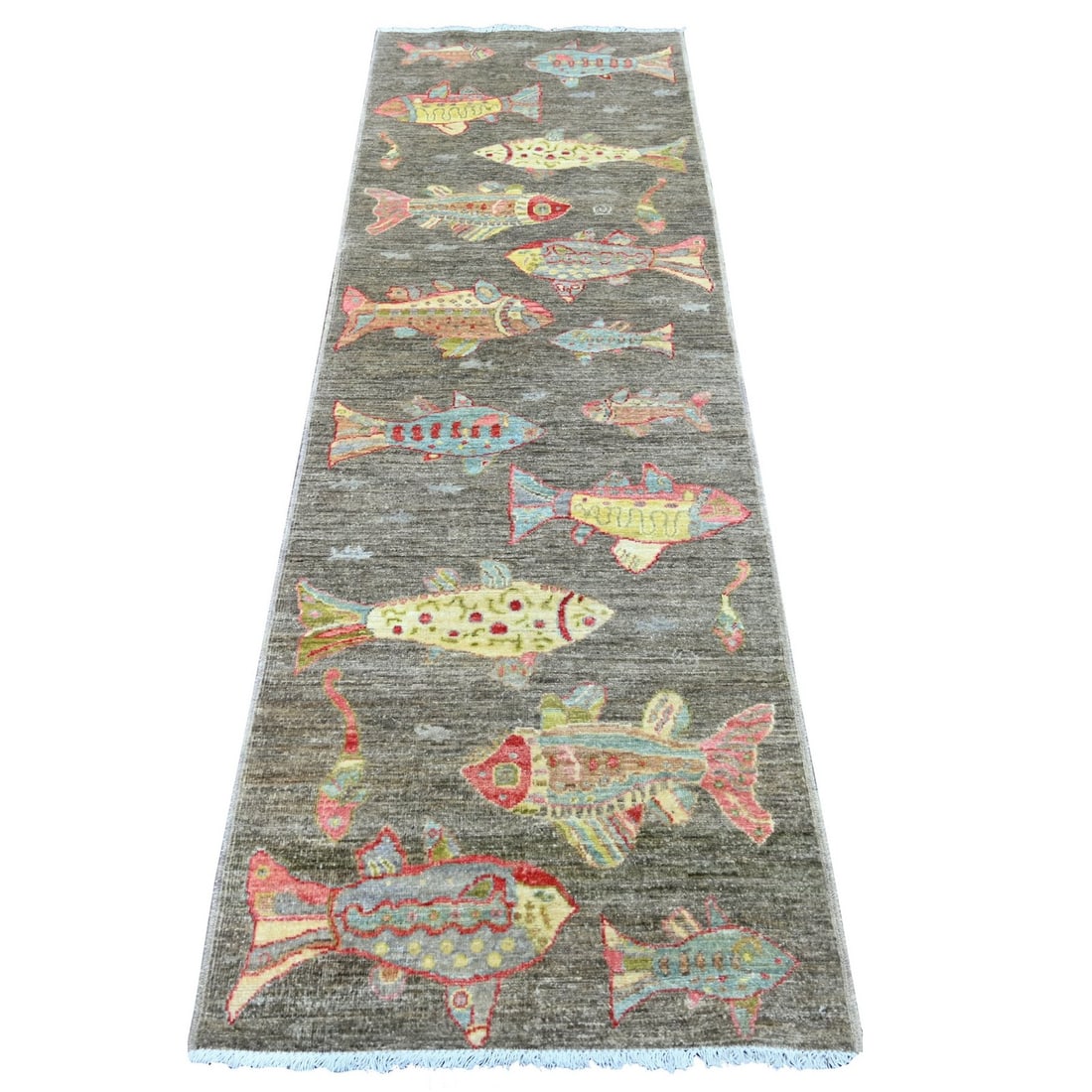 Brown Peshawar Oceanic Fish Design Hand Knotted Wool Runner Rug (2'6"x7'10"): Brown Peshawar Oceanic Fish Design Hand Knotted Wool Runner Rug (2'6"x7'10") Experience the rich cultural heritage of Afghanistan with this stunning Brown Peshawar Oceanic Fish Design Hand Knotted Woo