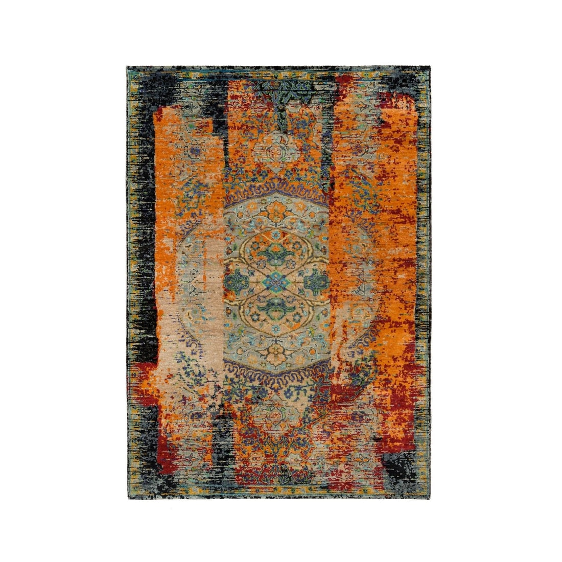 Rug 4'1"x6' Orange Ancient Ottoman Erased Design Ghazni Wool Hand Knotted: Rug 4'1"x6' Orange Ancient Ottoman Erased Design Ghazni Wool Hand Knotted Experience the rich history and cultural heritage of India with this stunning 2000-year-old hand-knotted Ghazni wool rug, feat